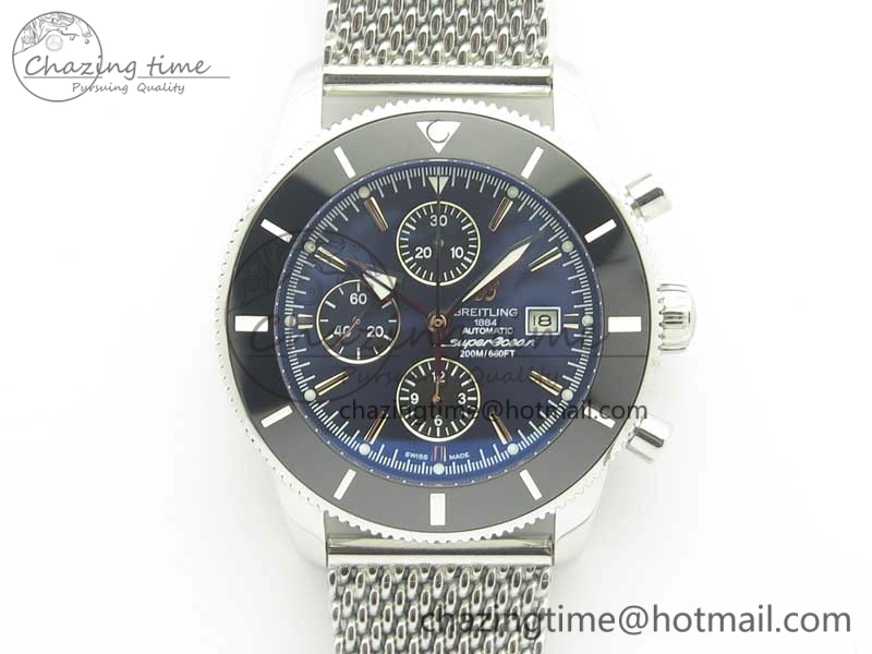 SuperOcean A13312 44mm Black Ceramic Bezel Blue Dial Black Subdial on SS Bracelet A7750