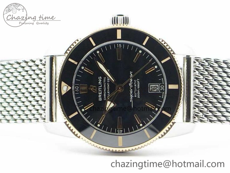 SuperOcean Heritage ii 42mm SS RG GF 1:1 Best Edition Black Dial Black Bezel on SS Mesh Bracelet A2824 V2