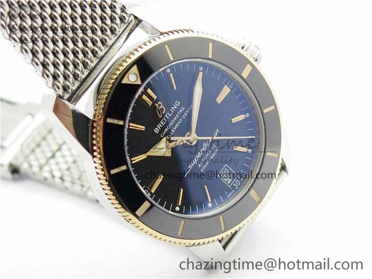 SuperOcean Heritage ii 42mm SS RG GF 1:1 Best Edition Black Dial Black Bezel on SS Mesh Bracelet A2824 V2