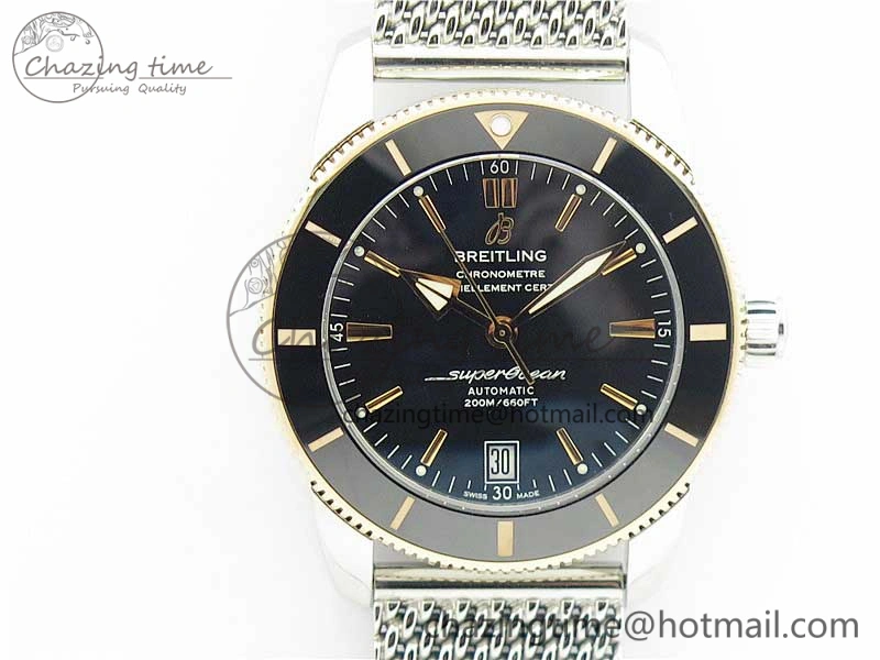 SuperOcean Heritage ii 42mm SS RG GF 1:1 Best Edition Black Dial Black Bezel on SS Mesh Bracelet A2824 V2
