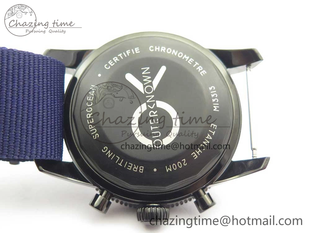 SuperOcean OuterNown 44mm Black Ceramic Bezel Blue Dial on Blue Nylon Strap A7750