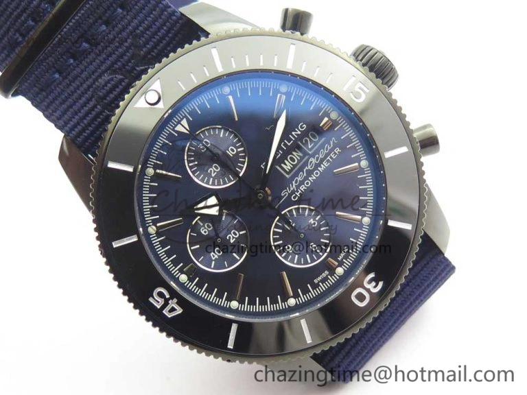 SuperOcean OuterNown 44mm Black Ceramic Bezel Blue Dial on Blue Nylon Strap A7750