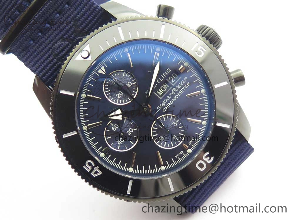 SuperOcean OuterNown 44mm Black Ceramic Bezel Blue Dial on Blue Nylon Strap A7750