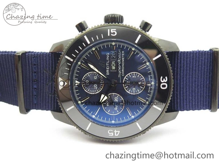 SuperOcean OuterNown 44mm Black Ceramic Bezel Blue Dial on Blue Nylon Strap A7750