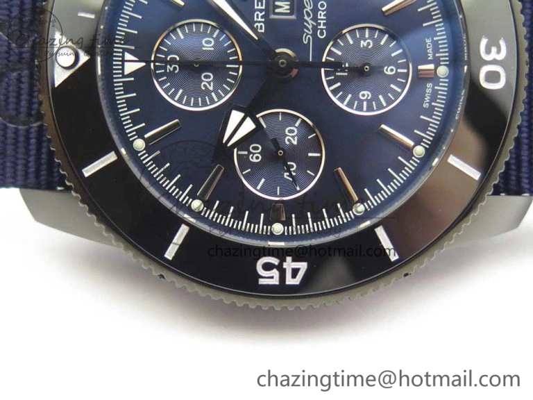 SuperOcean OuterNown 44mm Black Ceramic Bezel Blue Dial on Blue Nylon Strap A7750