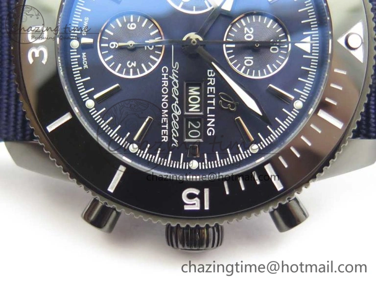 SuperOcean OuterNown 44mm Black Ceramic Bezel Blue Dial on Blue Nylon Strap A7750