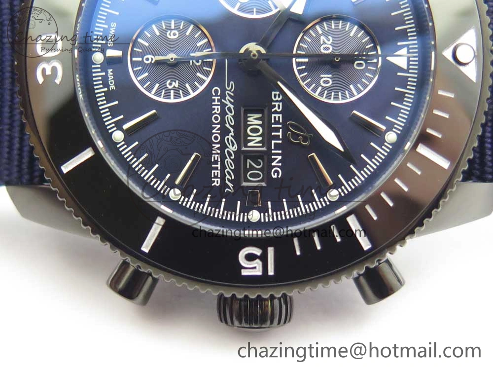 SuperOcean OuterNown 44mm Black Ceramic Bezel Blue Dial on Blue Nylon Strap A7750