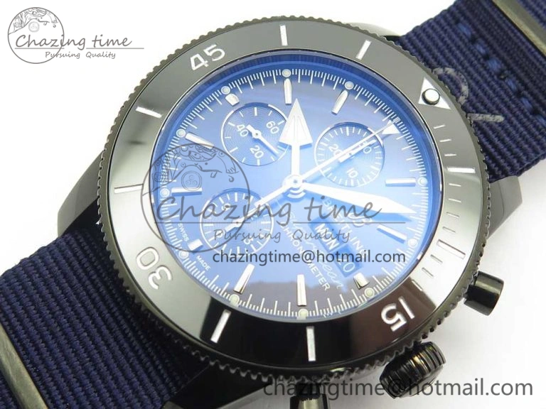 SuperOcean OuterNown 44mm Black Ceramic Bezel Blue Dial on Blue Nylon Strap A7750