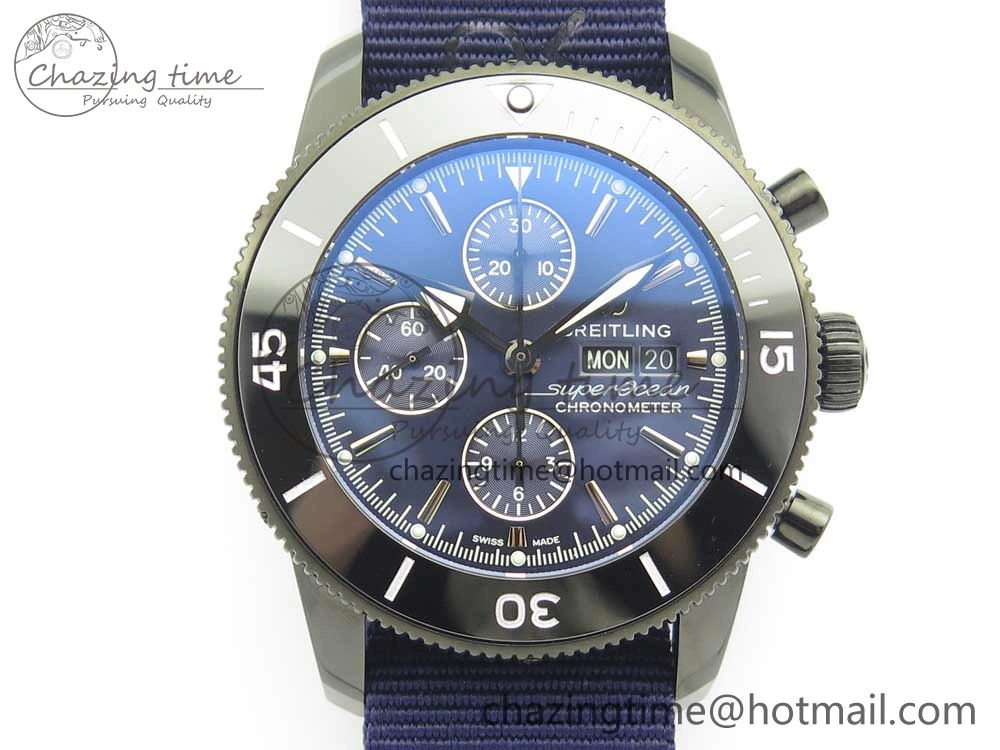 SuperOcean OuterNown 44mm Black Ceramic Bezel Blue Dial on Blue Nylon Strap A7750