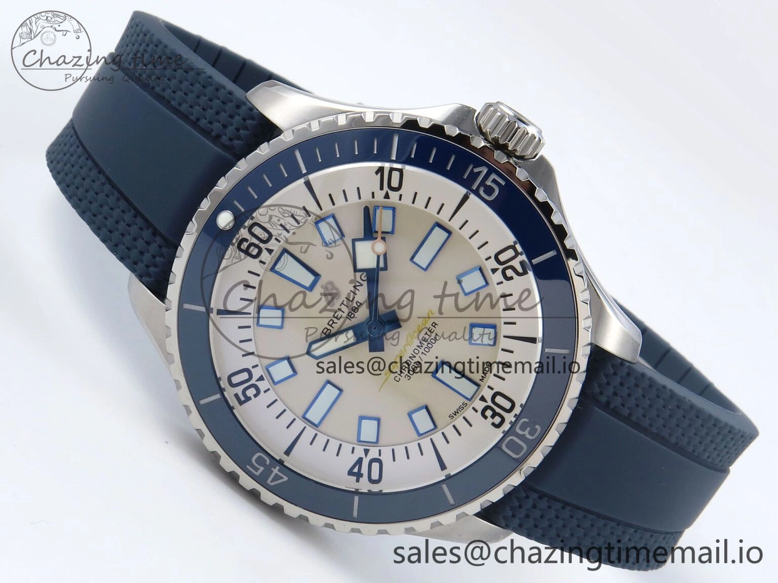 Superocean 44mm SS TF 1:1 Best Edition Beige Dial Blue Bezel on Blue Rubber Strap A2824