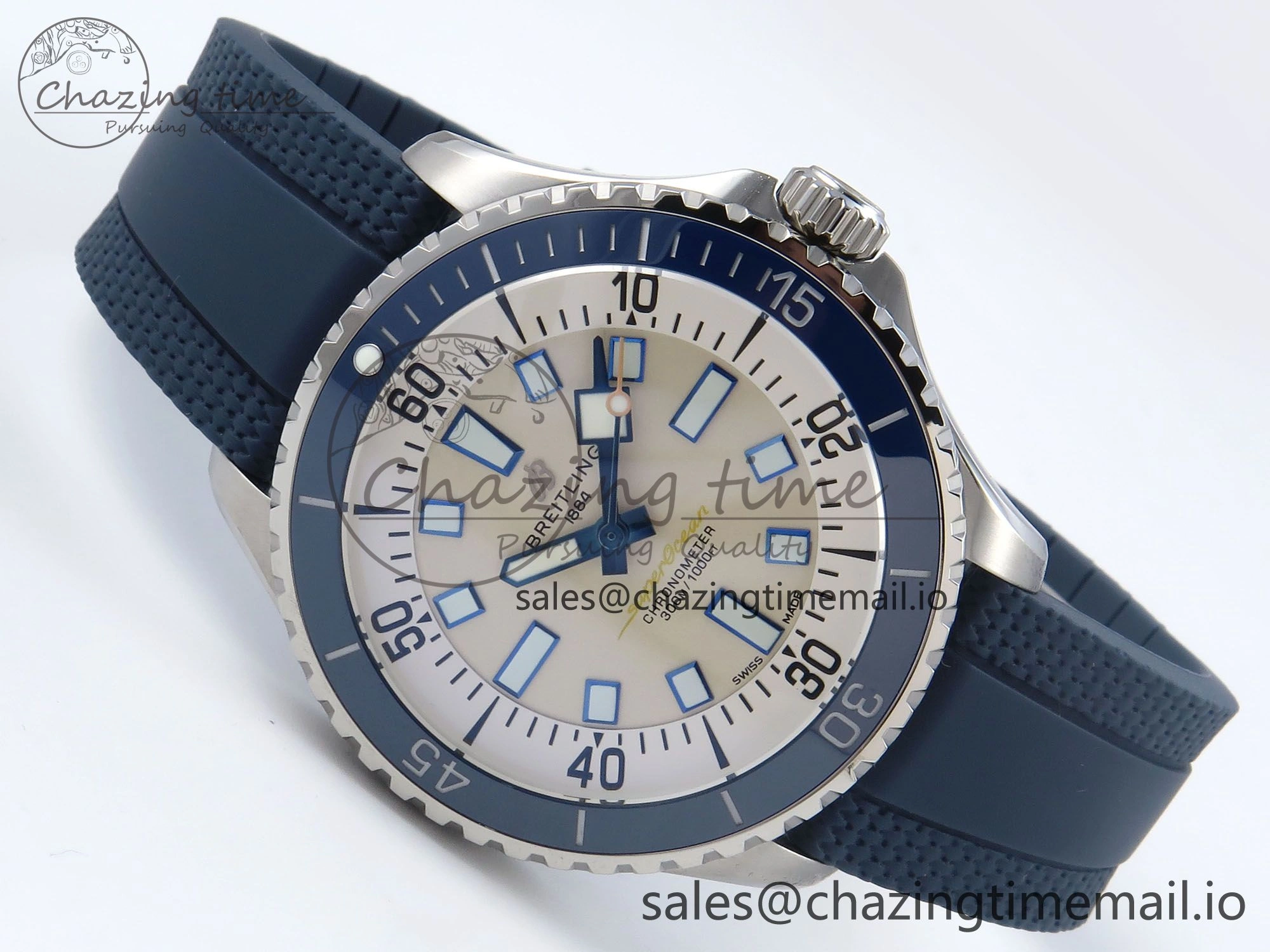 Superocean 44mm SS TF 1:1 Best Edition Beige Dial Blue Bezel on Blue Rubber Strap A2824