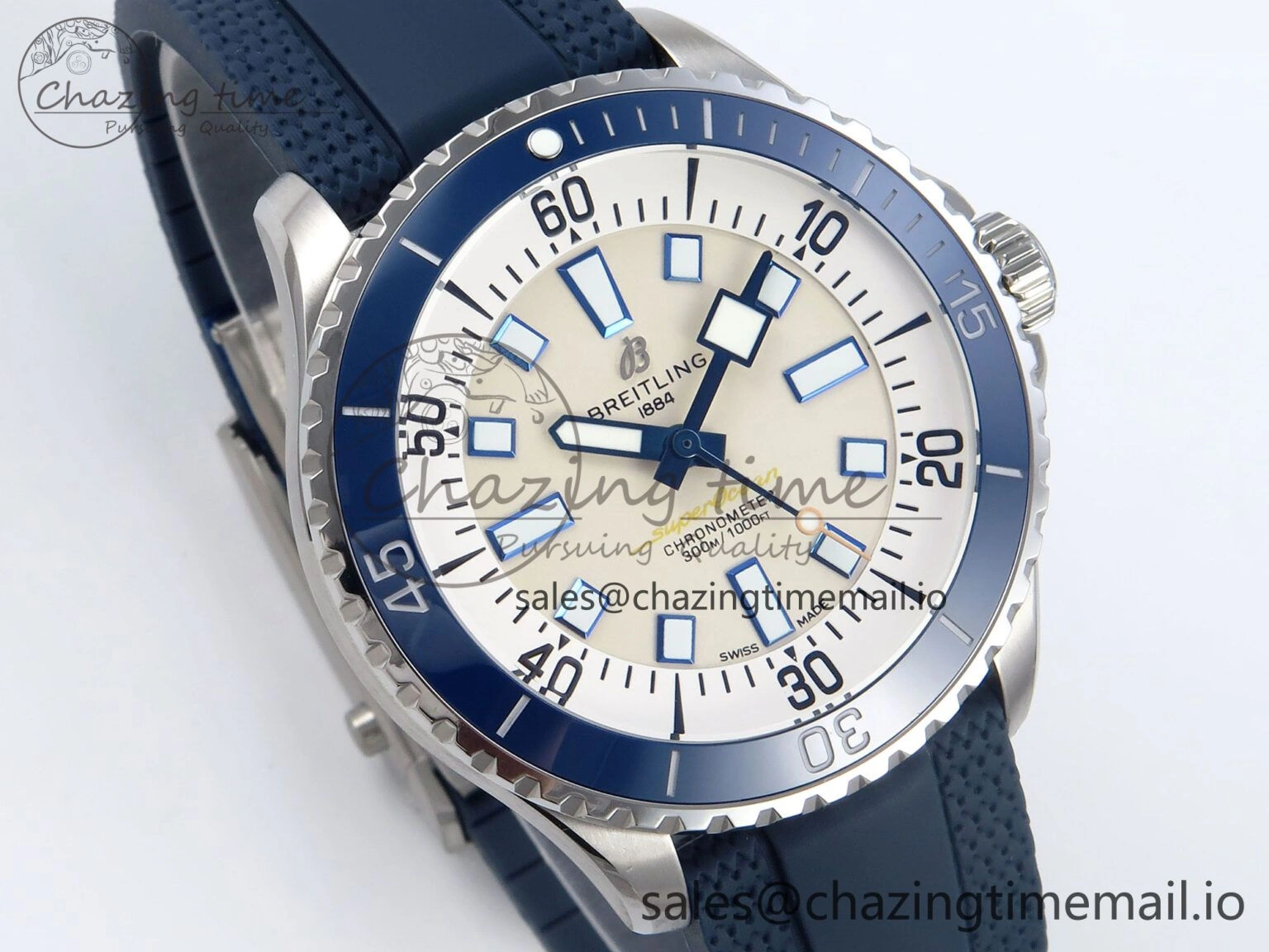 Superocean 44mm SS TF 1:1 Best Edition Beige Dial Blue Bezel on Blue Rubber Strap A2824