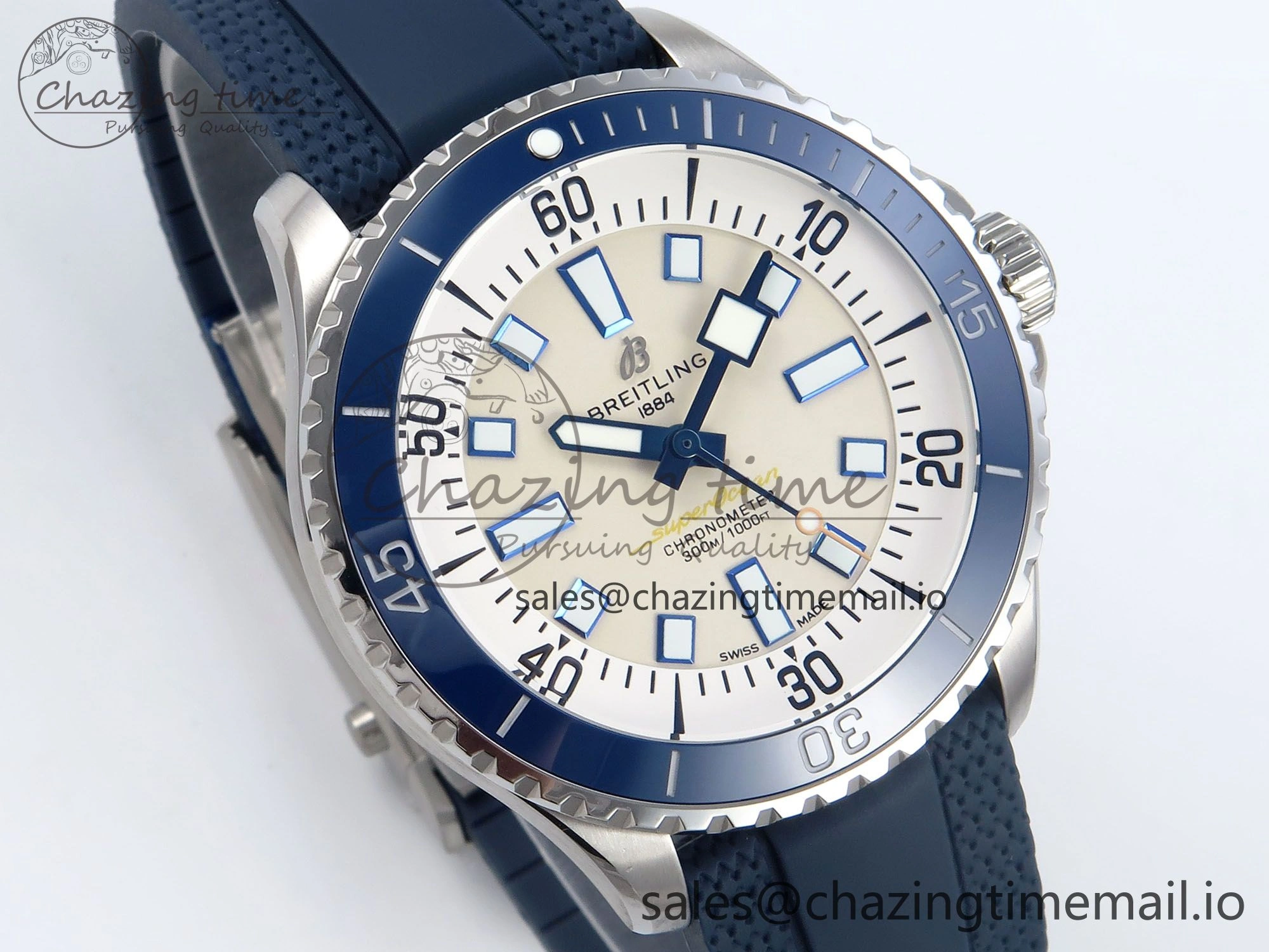 Superocean 44mm SS TF 1:1 Best Edition Beige Dial Blue Bezel on Blue Rubber Strap A2824