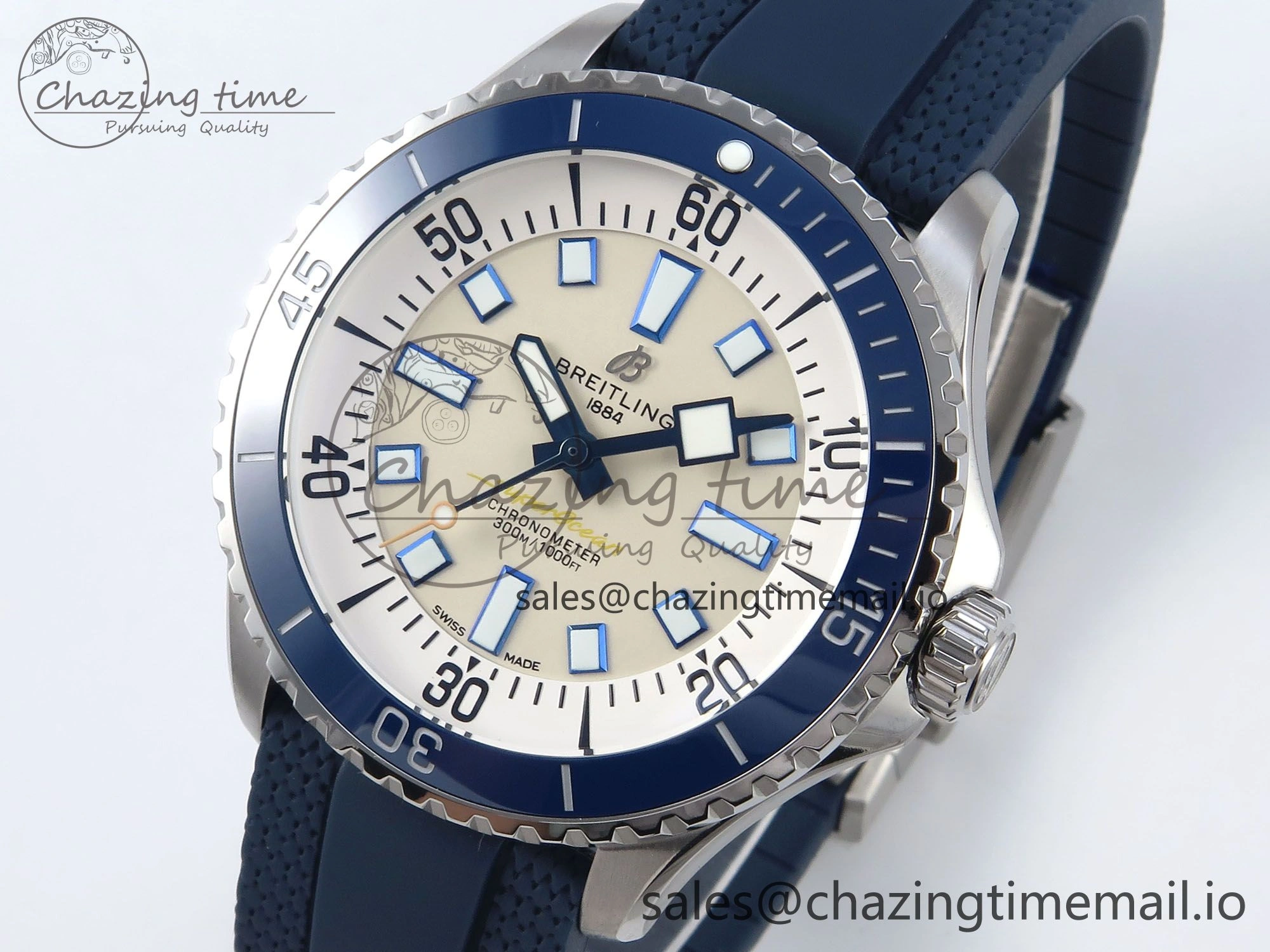 Superocean 44mm SS TF 1:1 Best Edition Beige Dial Blue Bezel on Blue Rubber Strap A2824