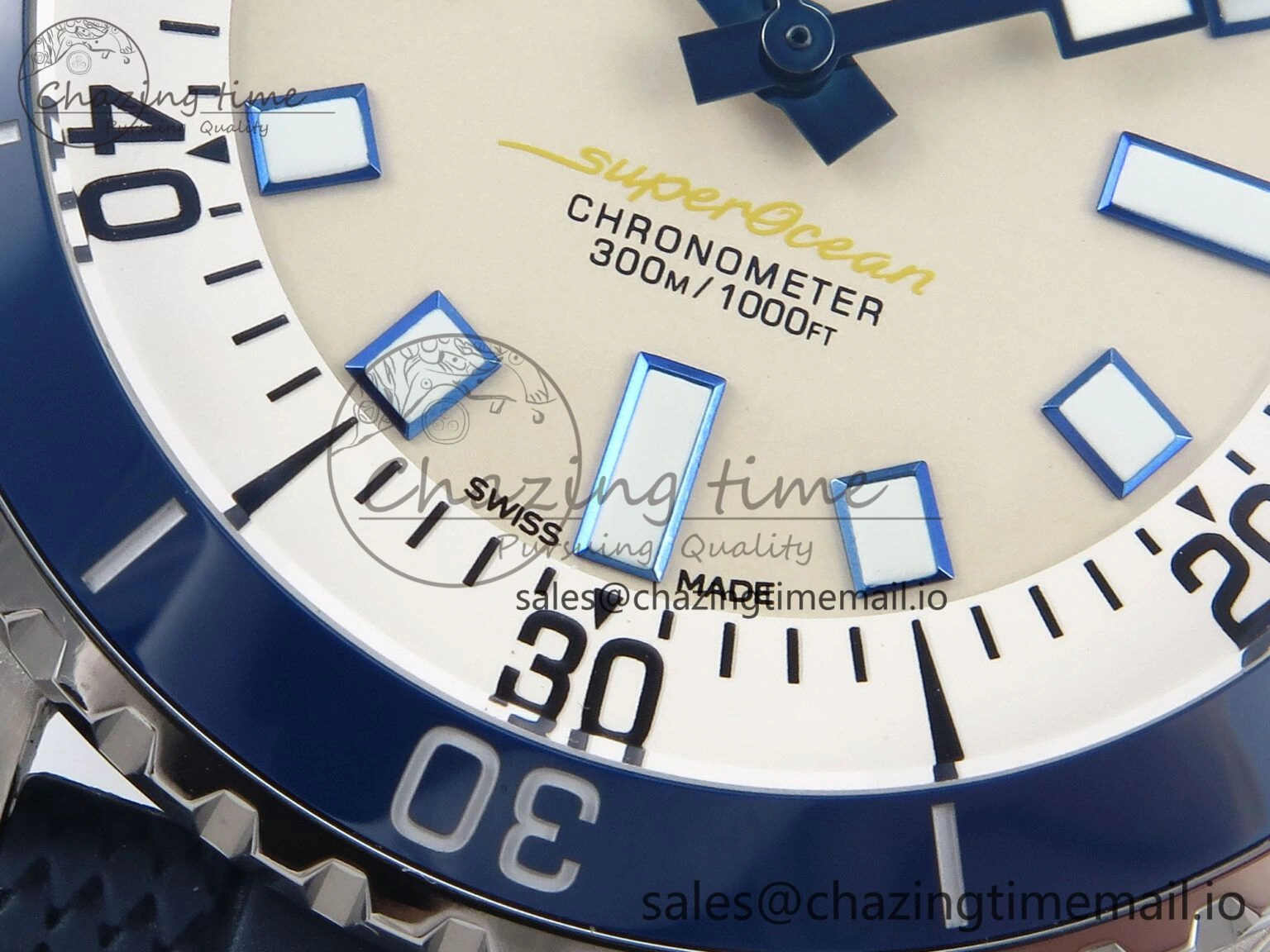 Superocean 44mm SS TF 1:1 Best Edition Beige Dial Blue Bezel on Blue Rubber Strap A2824