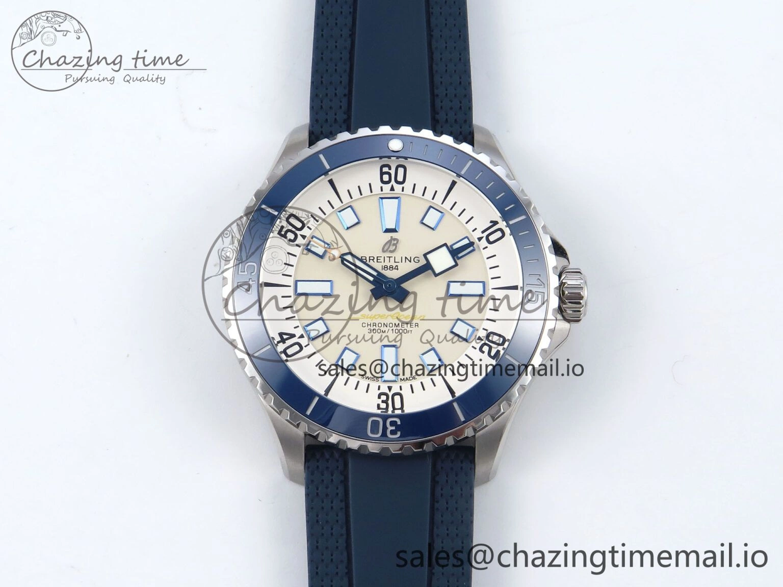 Superocean 44mm SS TF 1:1 Best Edition Beige Dial Blue Bezel on Blue Rubber Strap A2824
