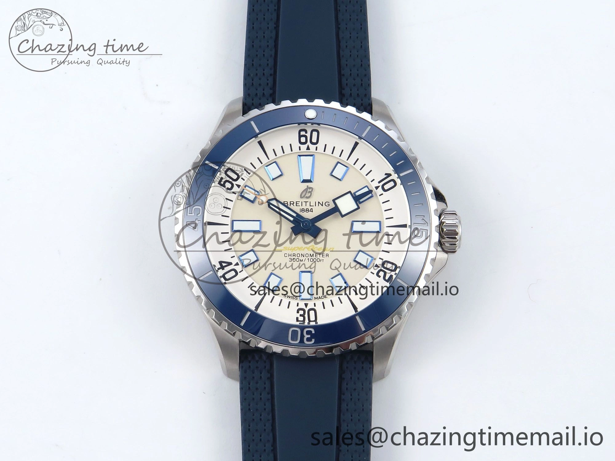 Superocean 44mm SS TF 1:1 Best Edition Beige Dial Blue Bezel on Blue Rubber Strap A2824