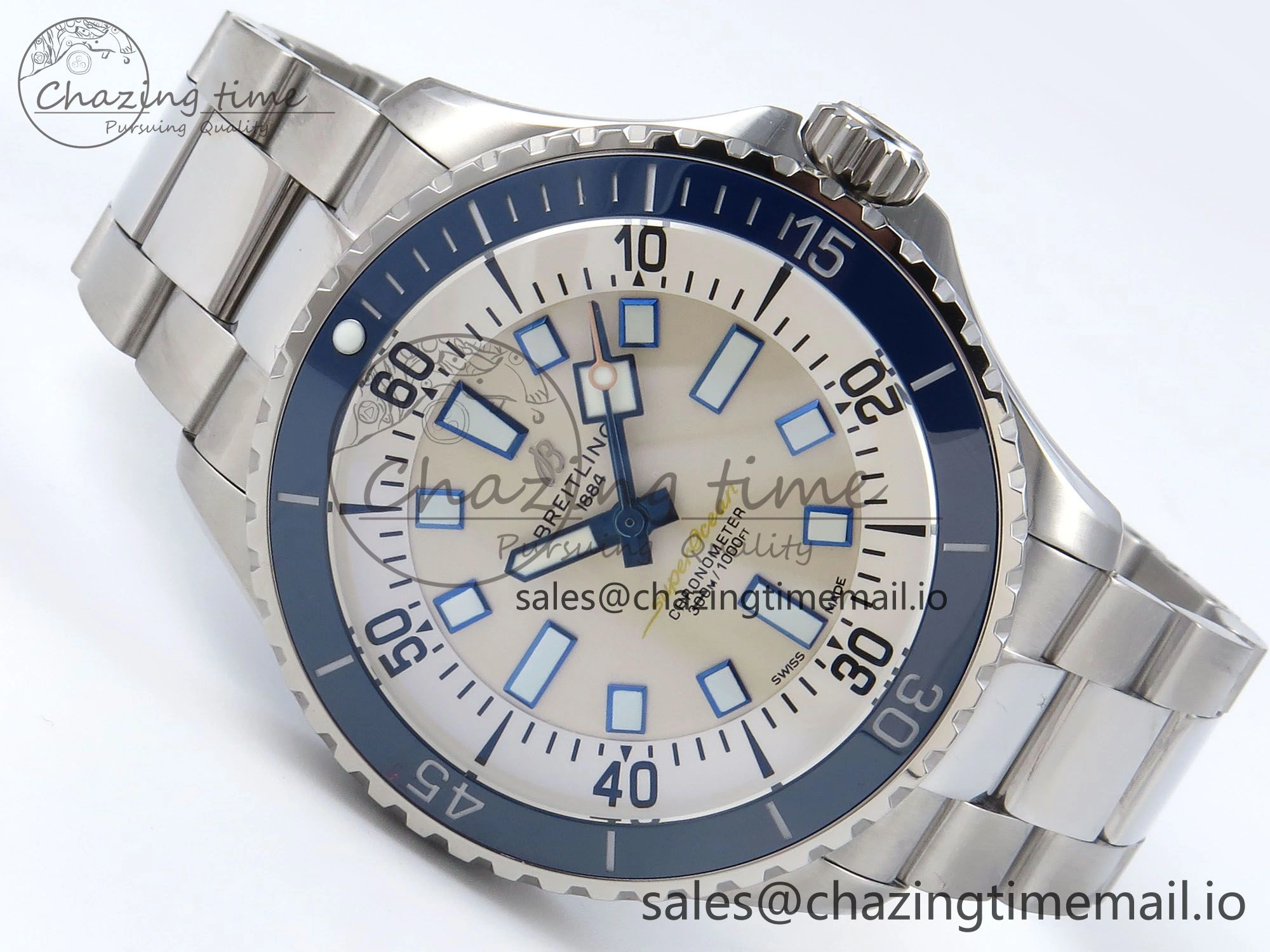 Superocean 44mm SS TF 1:1 Best Edition Beige Dial Blue Bezel on SS Bracelet A2824