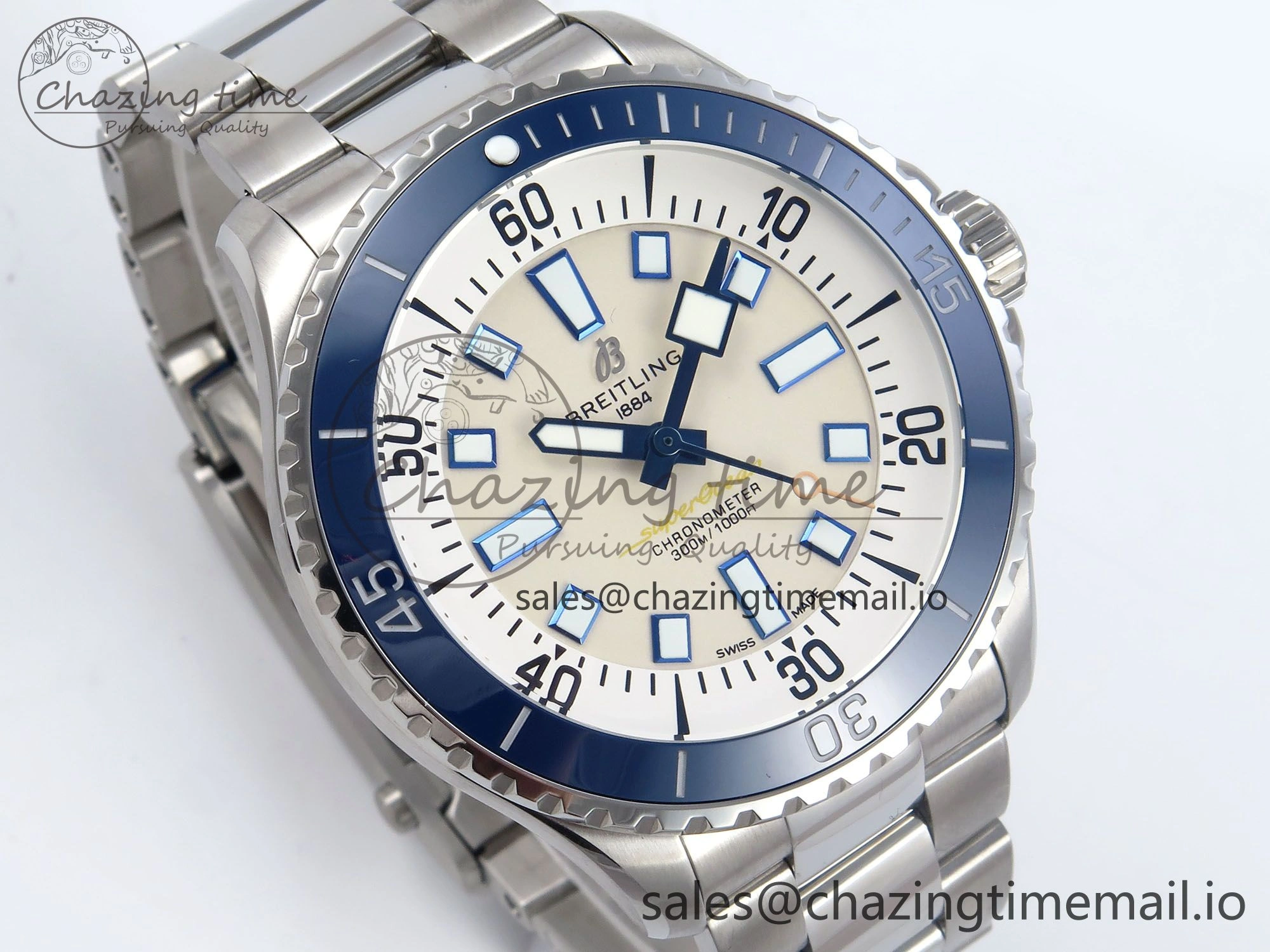 Superocean 44mm SS TF 1:1 Best Edition Beige Dial Blue Bezel on SS Bracelet A2824