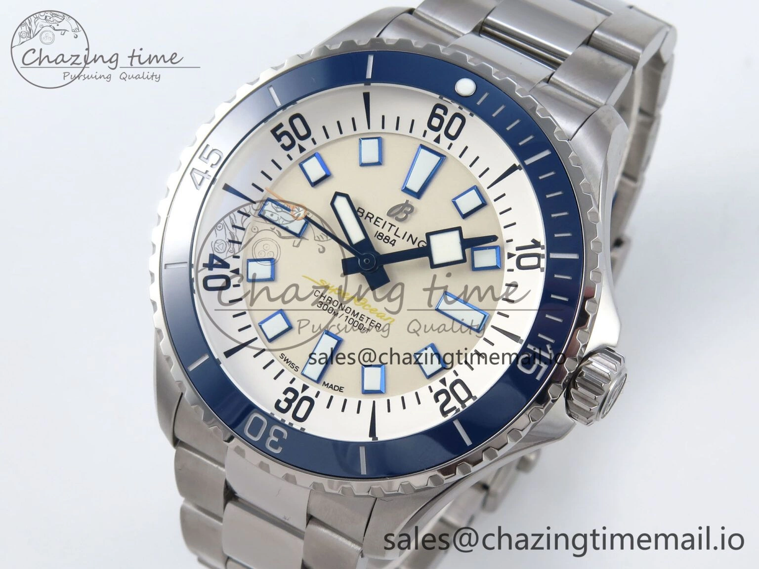 Superocean 44mm SS TF 1:1 Best Edition Beige Dial Blue Bezel on SS Bracelet A2824