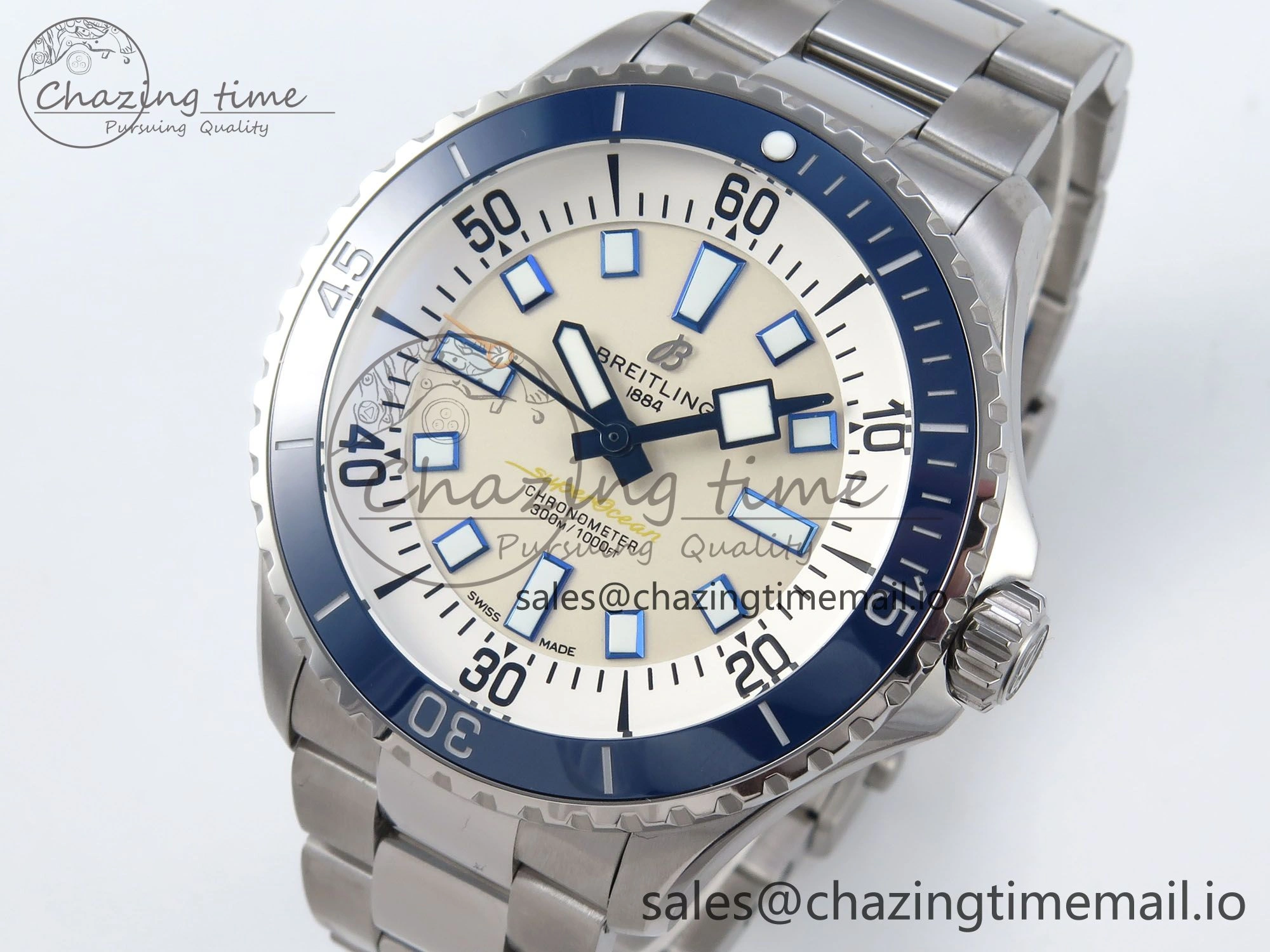 Superocean 44mm SS TF 1:1 Best Edition Beige Dial Blue Bezel on SS Bracelet A2824