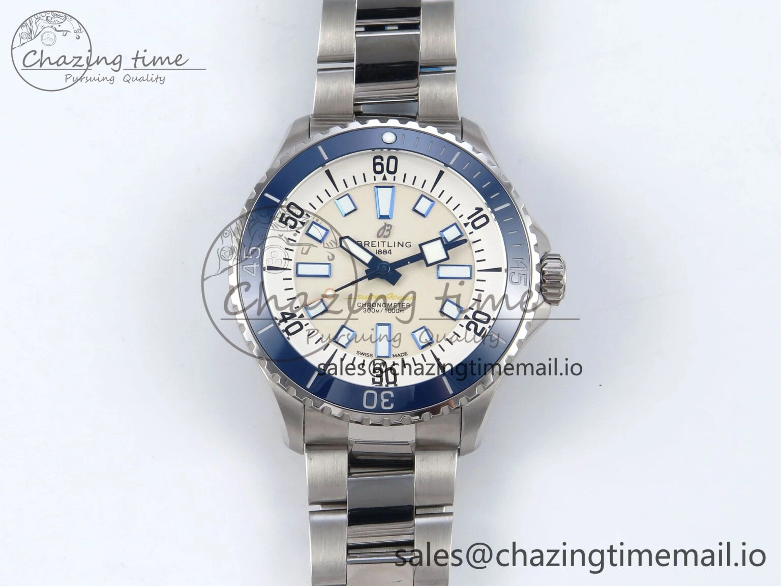 Superocean 44mm SS TF 1:1 Best Edition Beige Dial Blue Bezel on SS Bracelet A2824