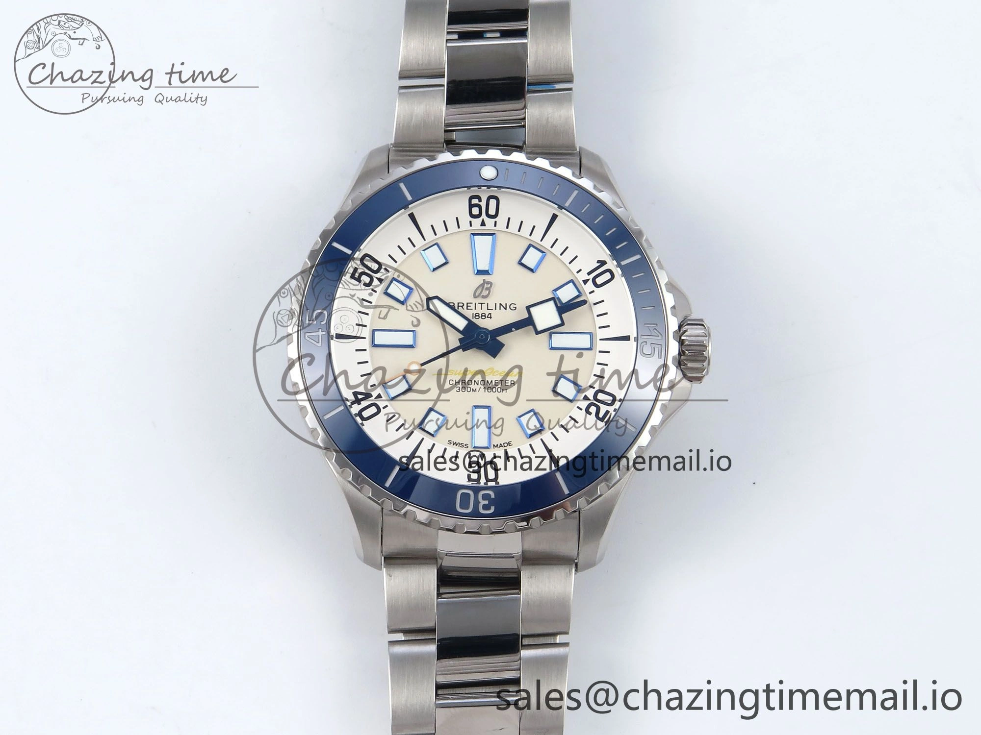 Superocean 44mm SS TF 1:1 Best Edition Beige Dial Blue Bezel on SS Bracelet A2824