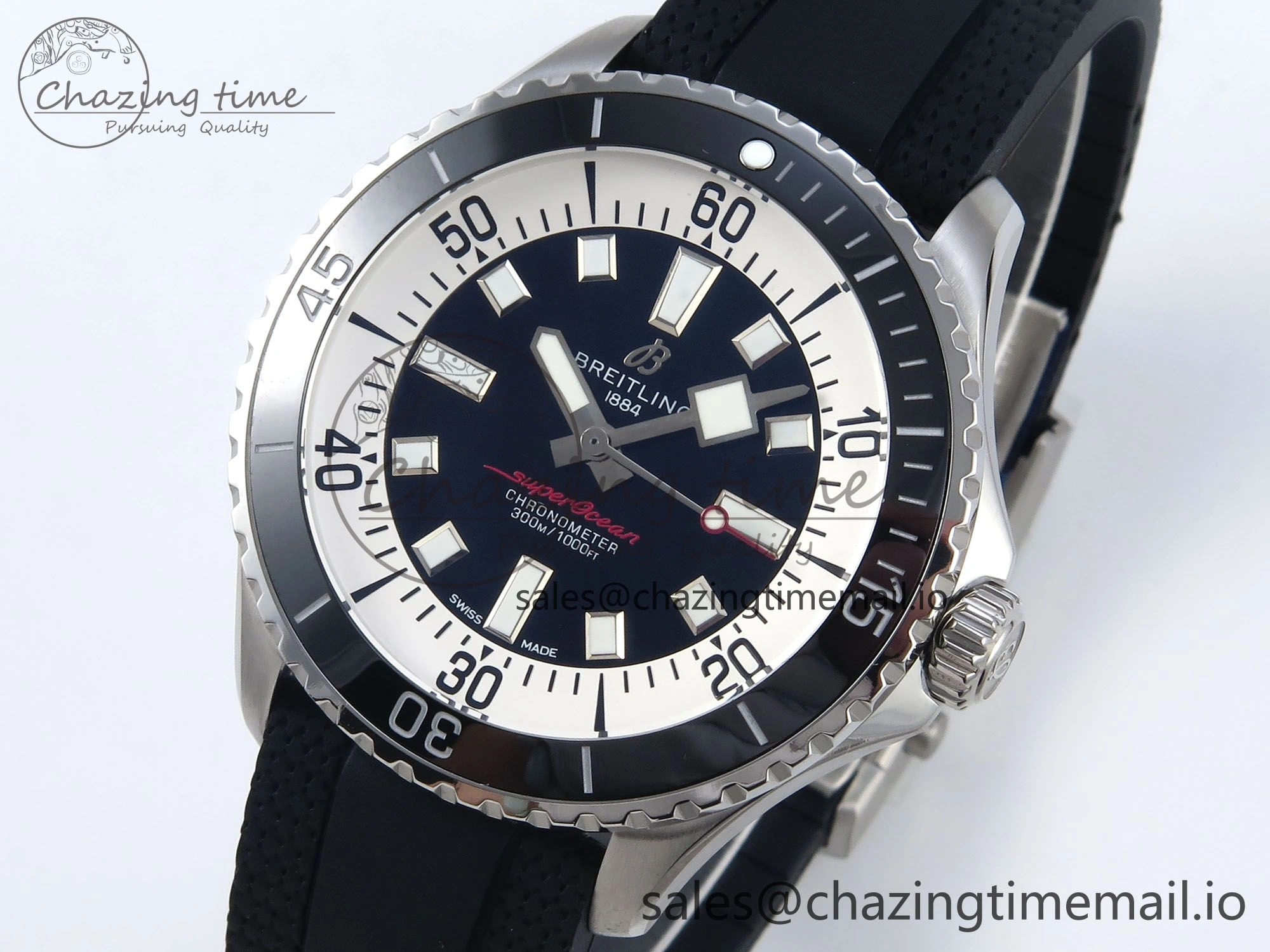 Superocean 44mm SS TF 1:1 Best Edition Black Dial Black Bezel on Black Rubber Strap A2824