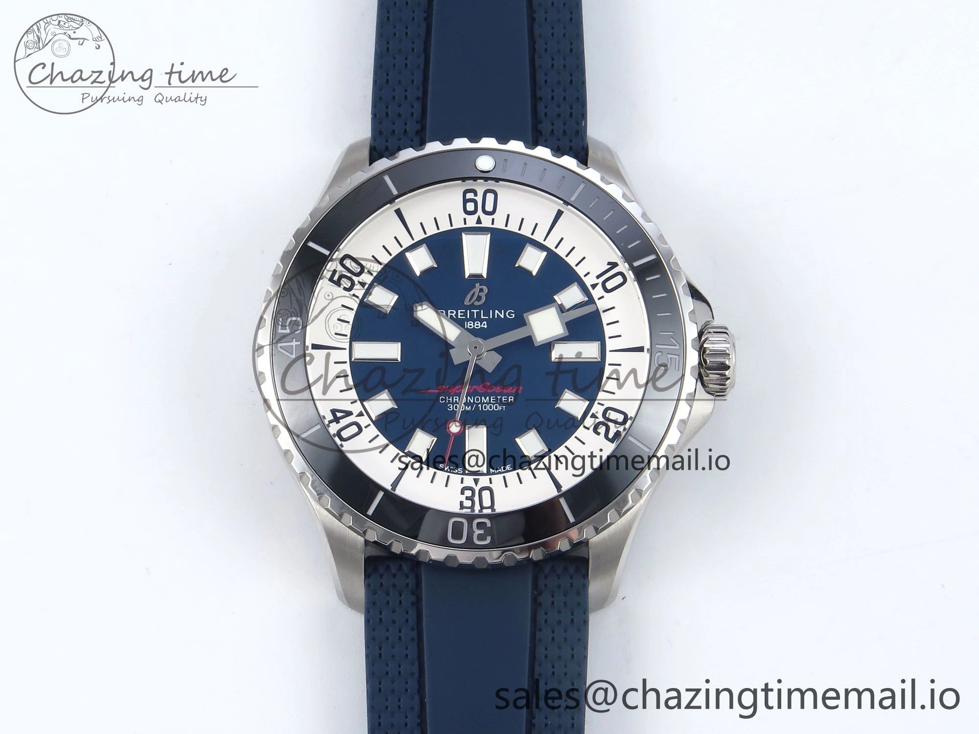 Superocean 44mm SS TF 1:1 Best Edition Blue Dial Black Bezel on Blue Rubber Strap A2824