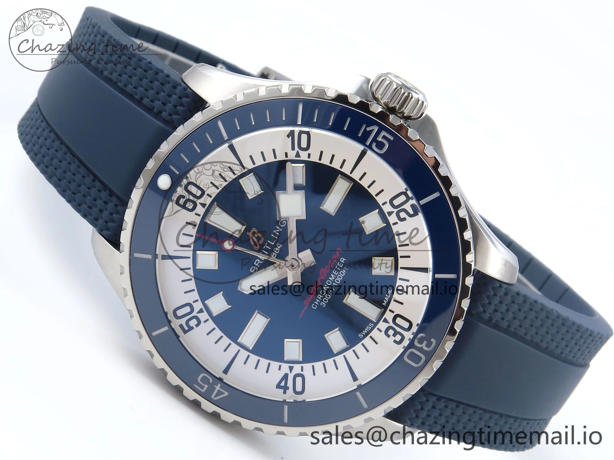 Superocean 44mm SS TF 1:1 Best Edition Blue Dial Blue Bezel on Blue Rubber Strap A2824