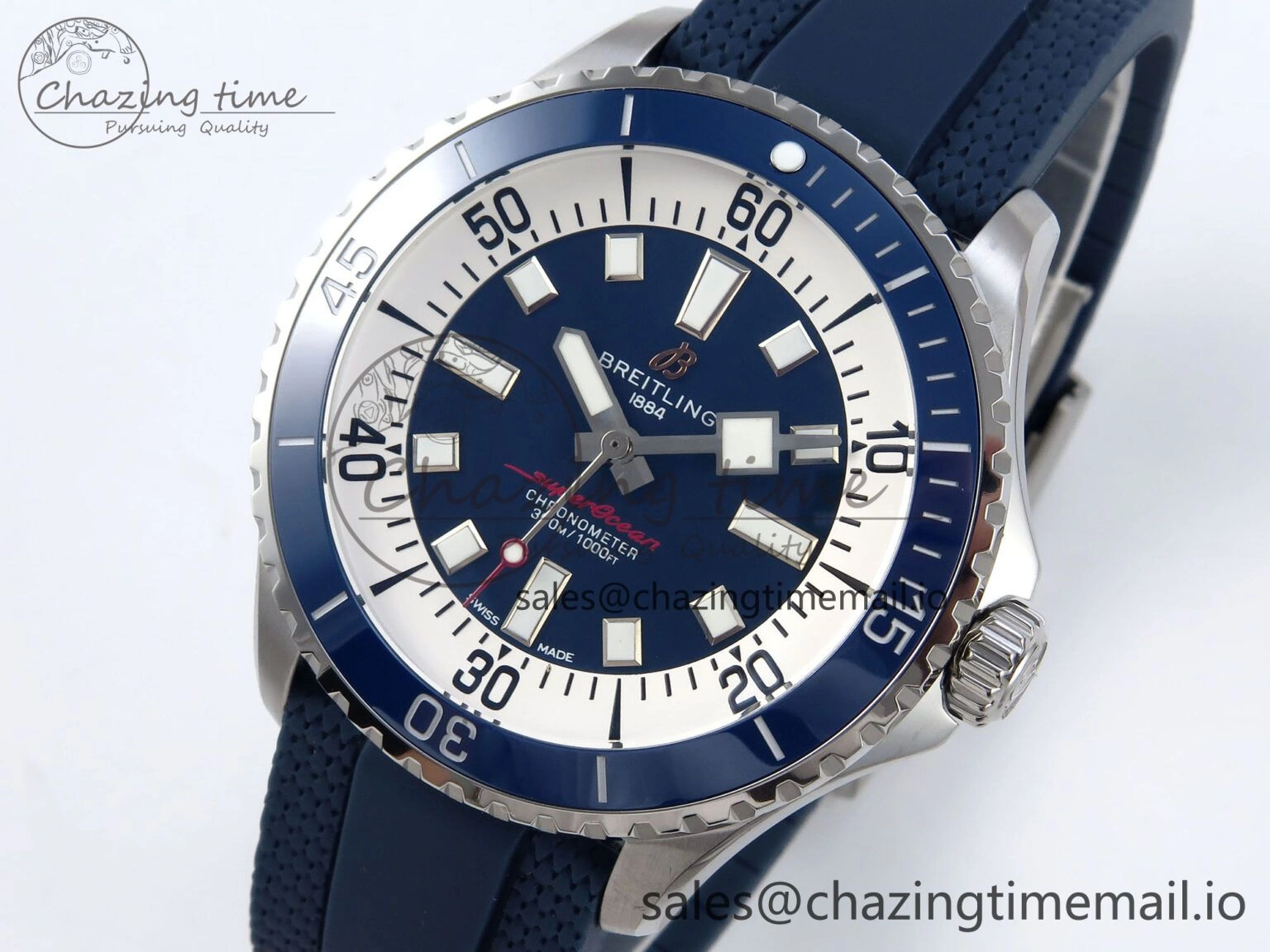 Superocean 44mm SS TF 1:1 Best Edition Blue Dial Blue Bezel on Blue Rubber Strap A2824
