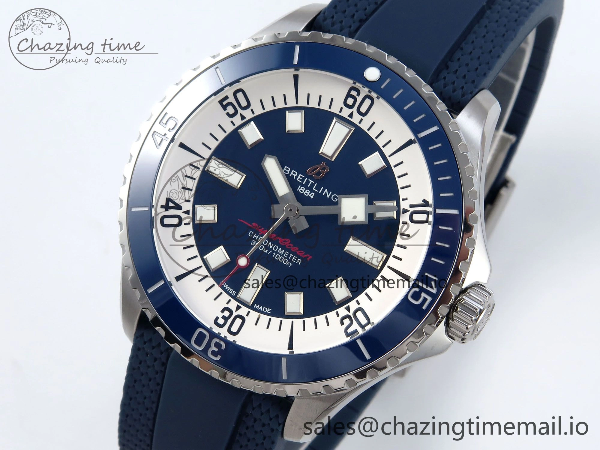 Superocean 44mm SS TF 1:1 Best Edition Blue Dial Blue Bezel on Blue Rubber Strap A2824