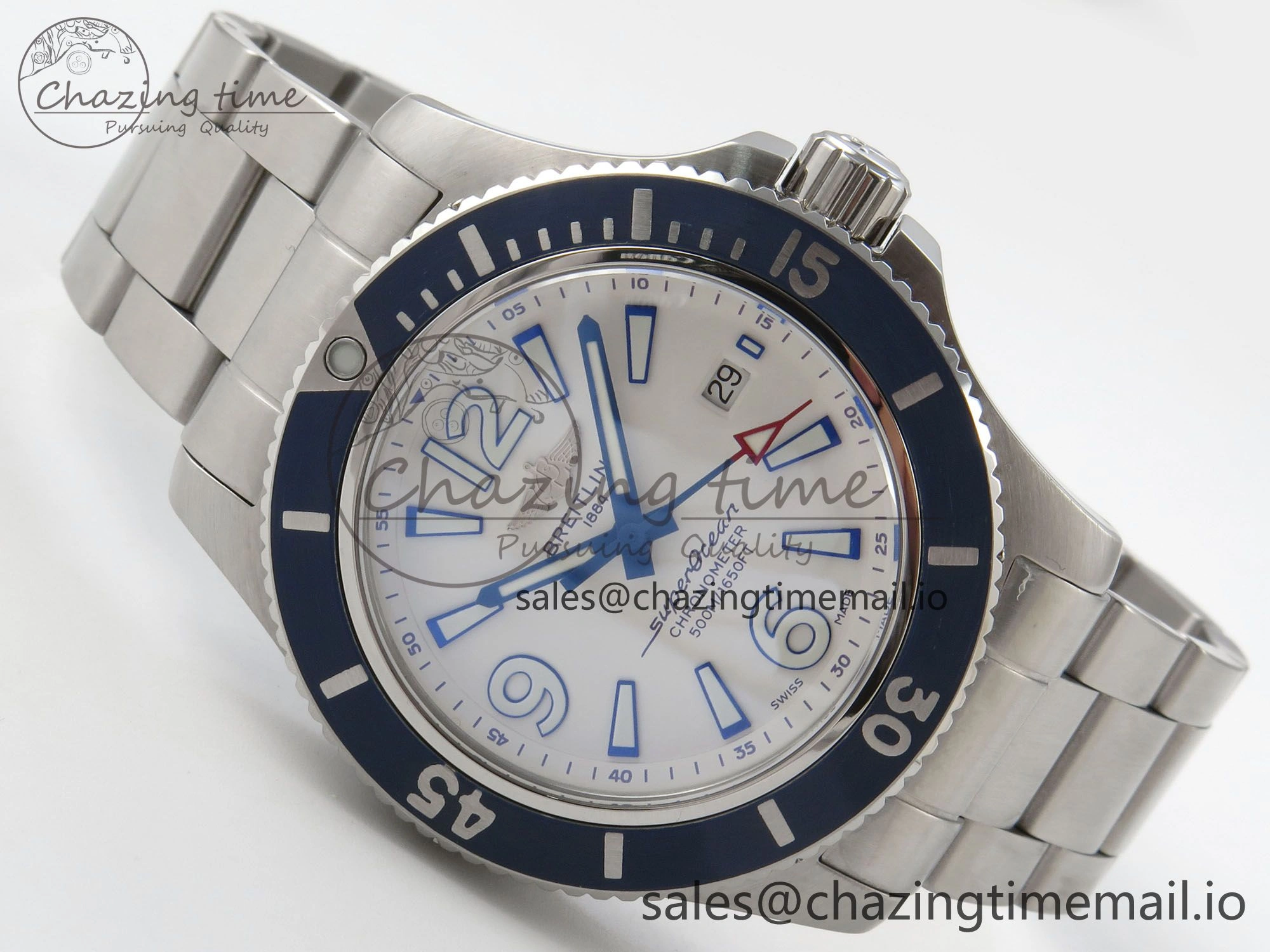 Superocean 44mm SS TF 1:1 Best Edition Blue White Dial Blue Bezel on SS Bracelet A2824 V2