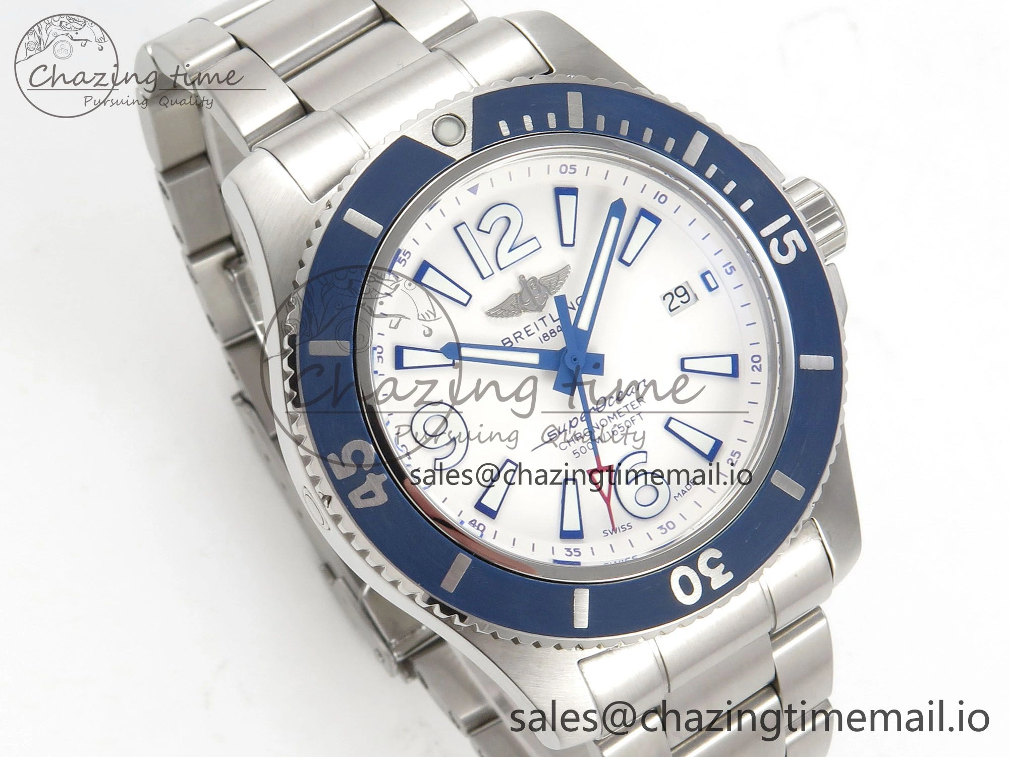 Superocean 44mm SS TF 1:1 Best Edition Blue White Dial Blue Bezel on SS Bracelet A2824 V2