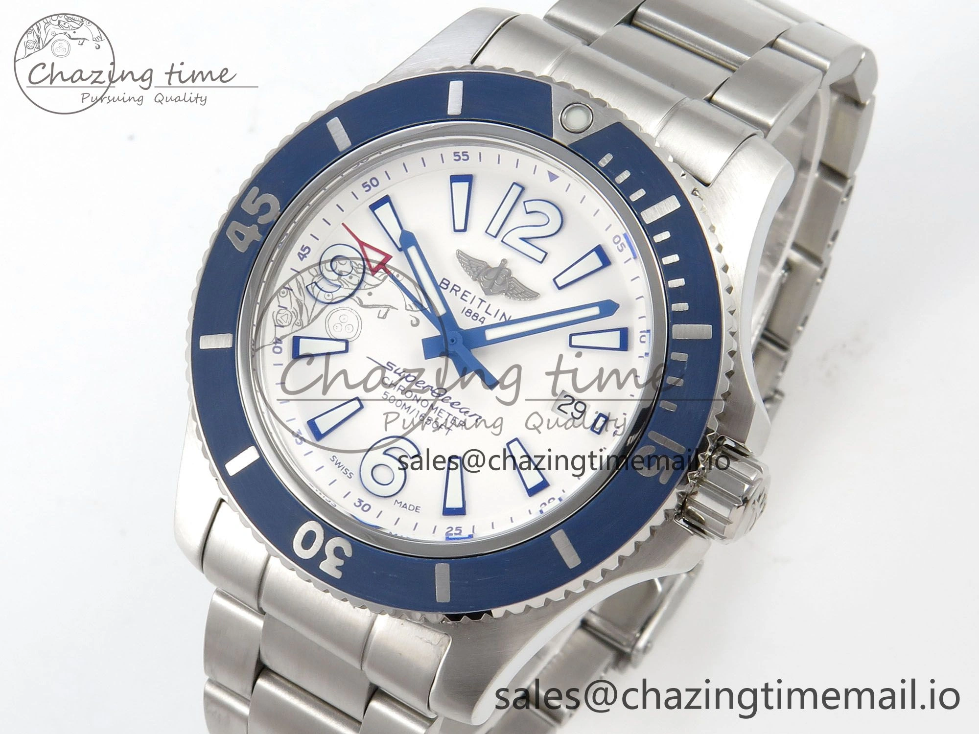 Superocean 44mm SS TF 1:1 Best Edition Blue White Dial Blue Bezel on SS Bracelet A2824 V2