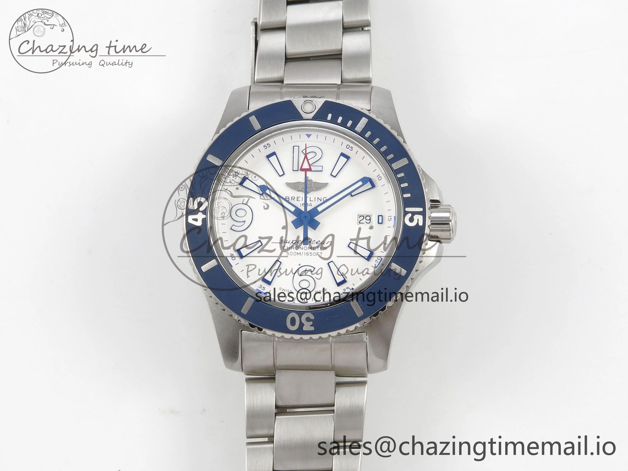Superocean 44mm SS TF 1:1 Best Edition Blue White Dial Blue Bezel on SS Bracelet A2824 V2