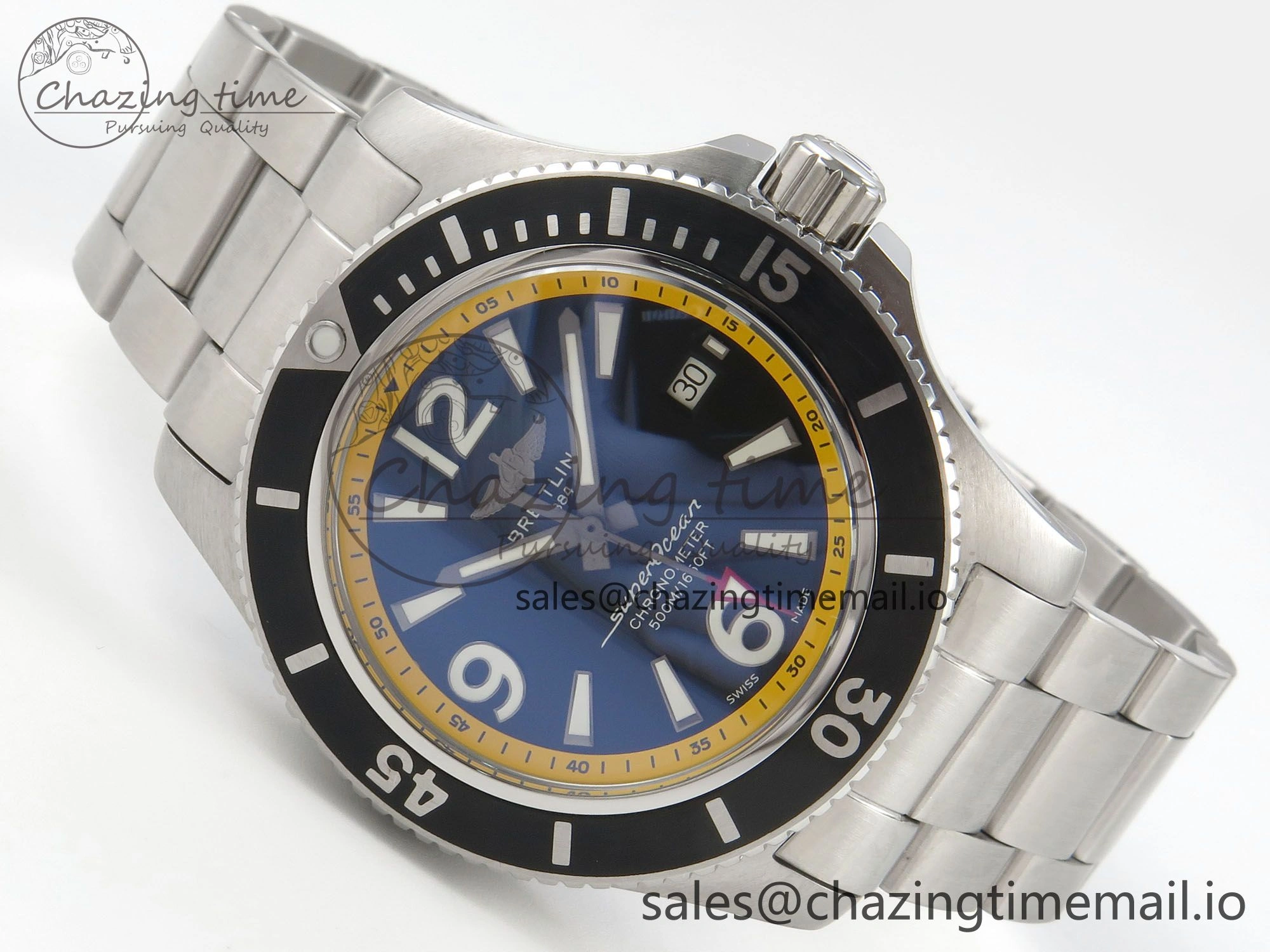 Superocean 44mm SS TF 1:1 Best Edition Blue Yellow Dial Black Bezel on SS Bracelet A2824 V2
