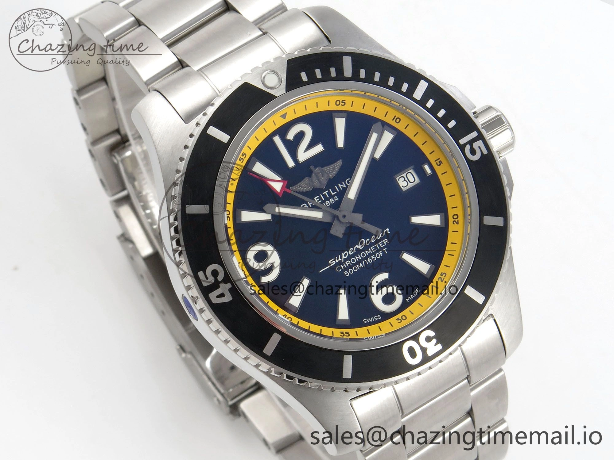 Superocean 44mm SS TF 1:1 Best Edition Blue Yellow Dial Black Bezel on SS Bracelet A2824 V2