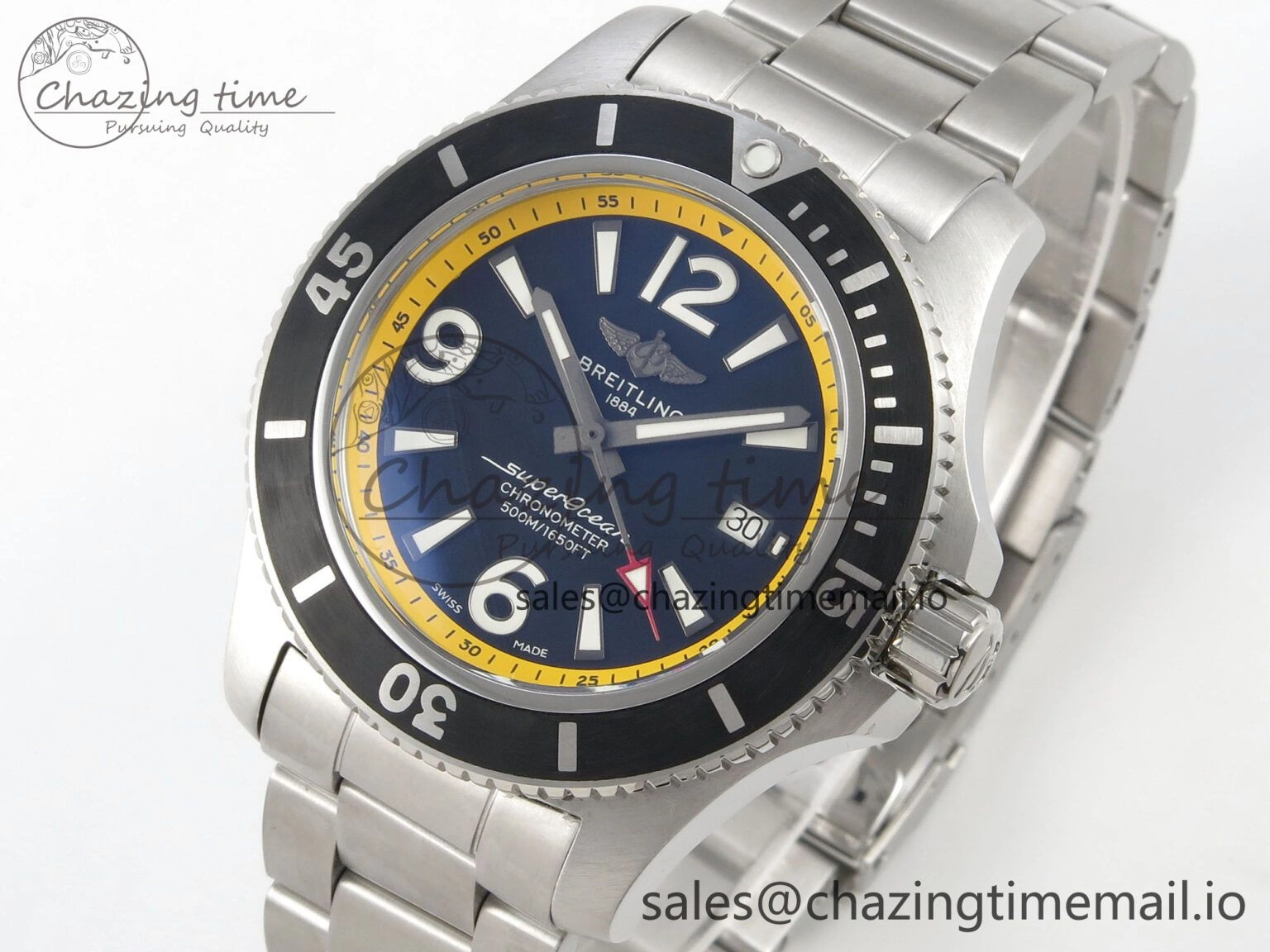 Superocean 44mm SS TF 1:1 Best Edition Blue Yellow Dial Black Bezel on SS Bracelet A2824 V2
