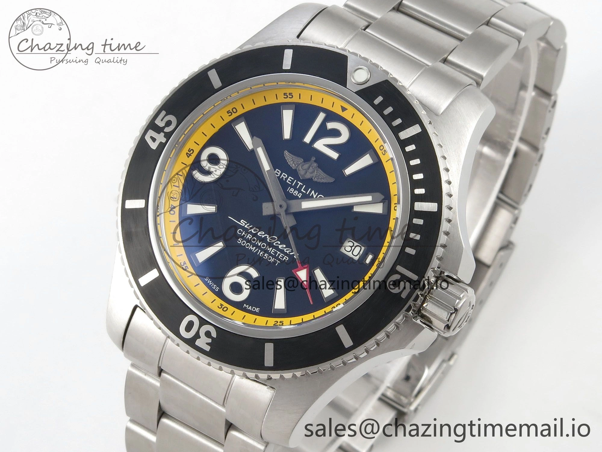 Superocean 44mm SS TF 1:1 Best Edition Blue Yellow Dial Black Bezel on SS Bracelet A2824 V2