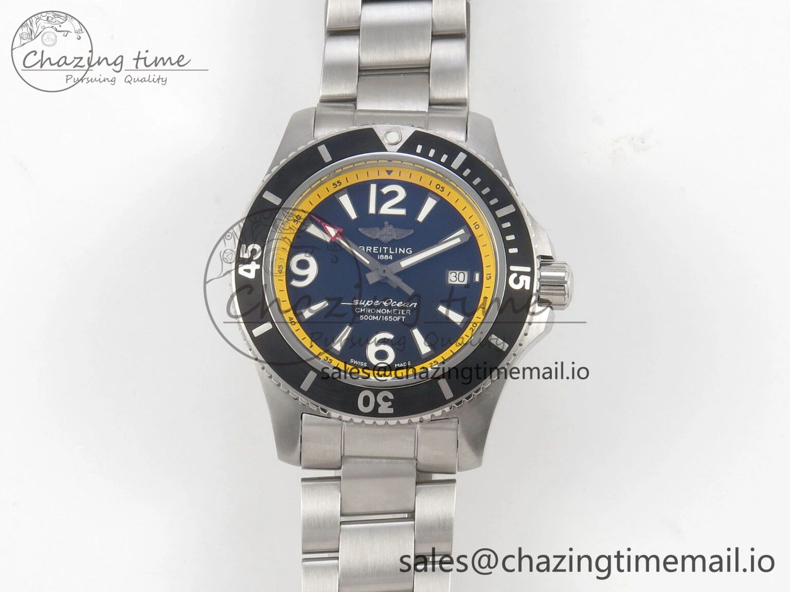Superocean 44mm SS TF 1:1 Best Edition Blue Yellow Dial Black Bezel on SS Bracelet A2824 V2