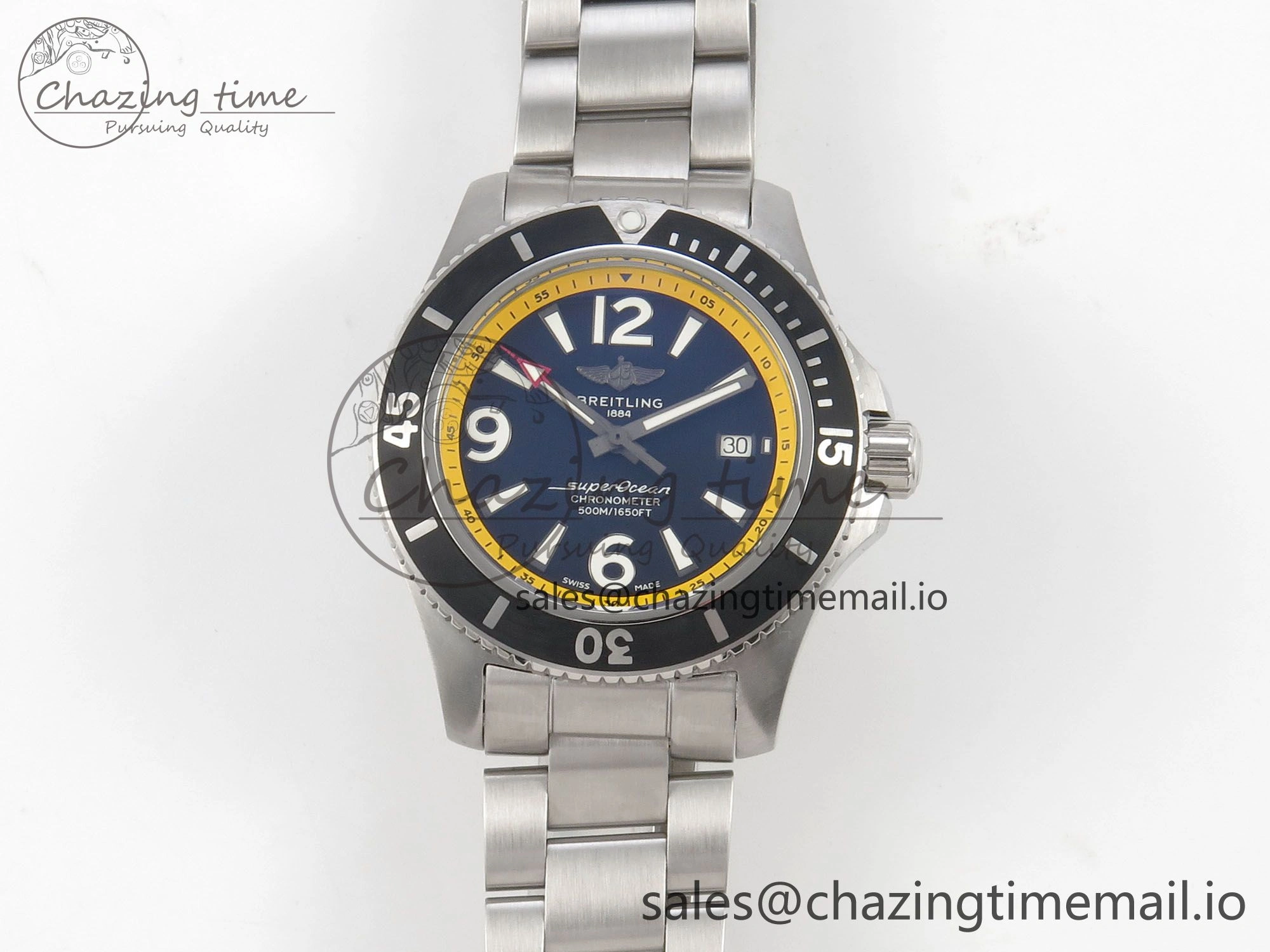 Superocean 44mm SS TF 1:1 Best Edition Blue Yellow Dial Black Bezel on SS Bracelet A2824 V2