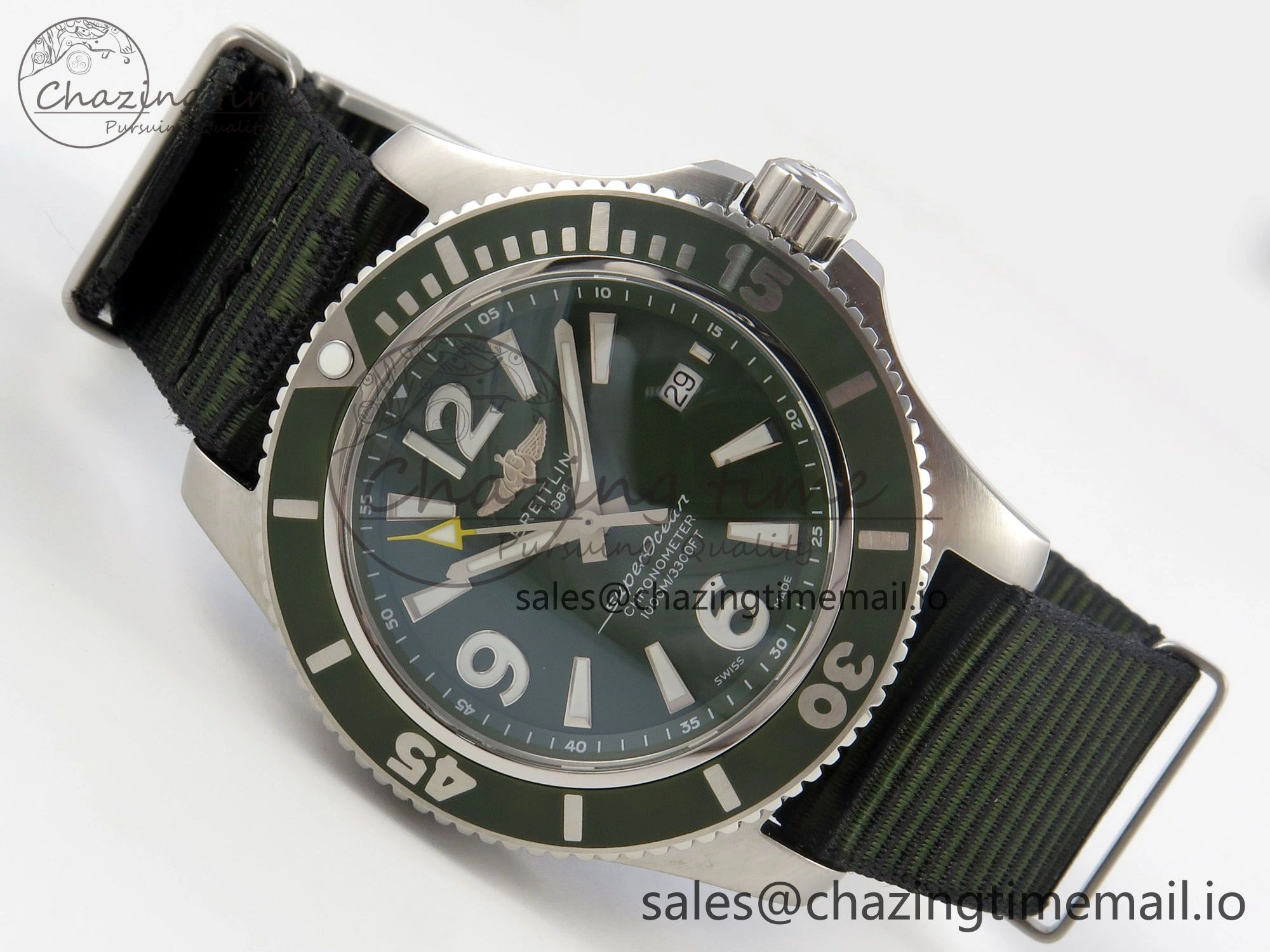 Superocean 44mm SS TF 1:1 Best Edition Green Dial Green Bezel on Green Nylon Strap A2824 V2