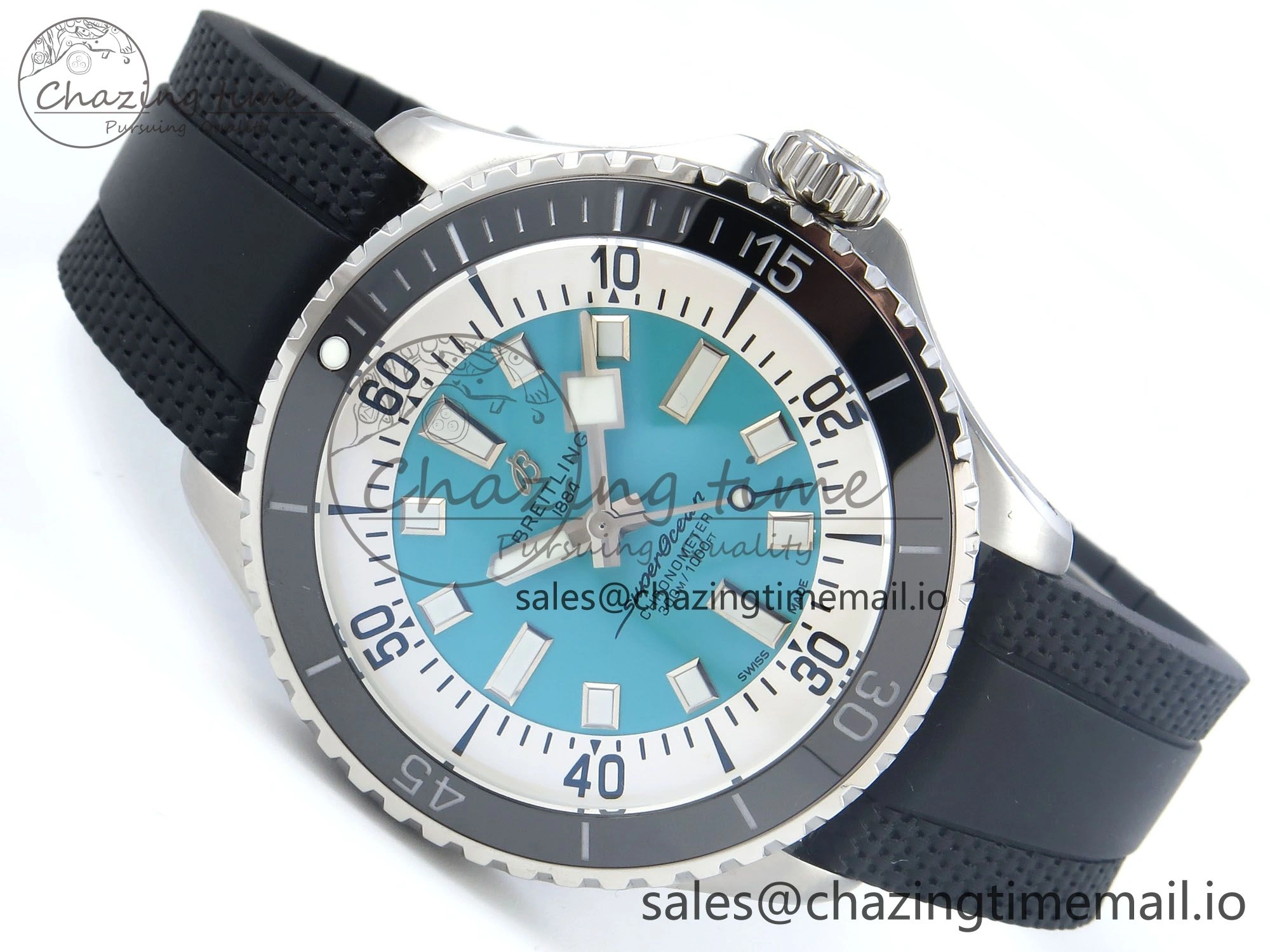 Superocean 44mm SS TF 1:1 Best Edition Light Blue Dial Black Bezel on Black Rubber Strap A2824