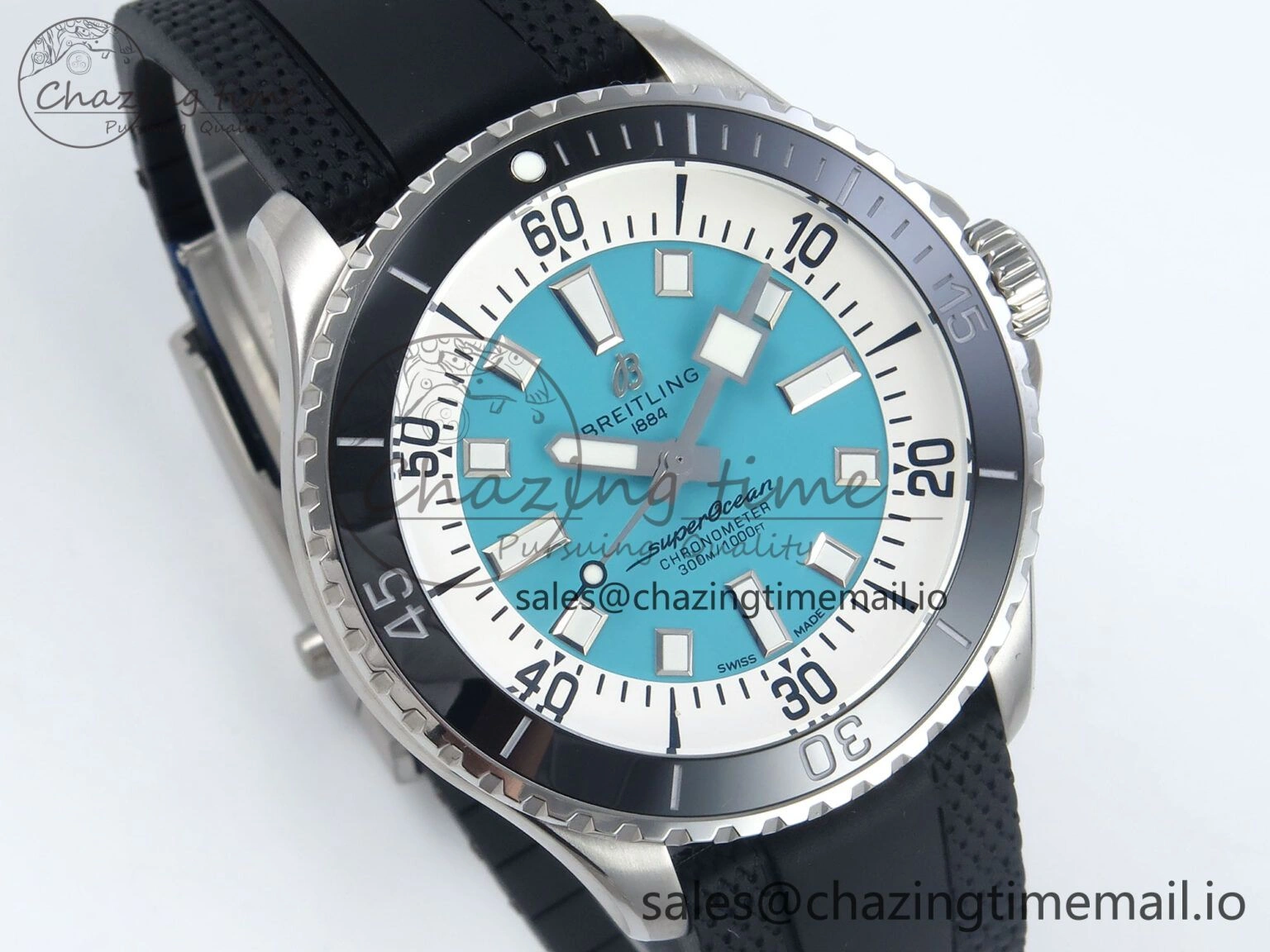 Superocean 44mm SS TF 1:1 Best Edition Light Blue Dial Black Bezel on Black Rubber Strap A2824