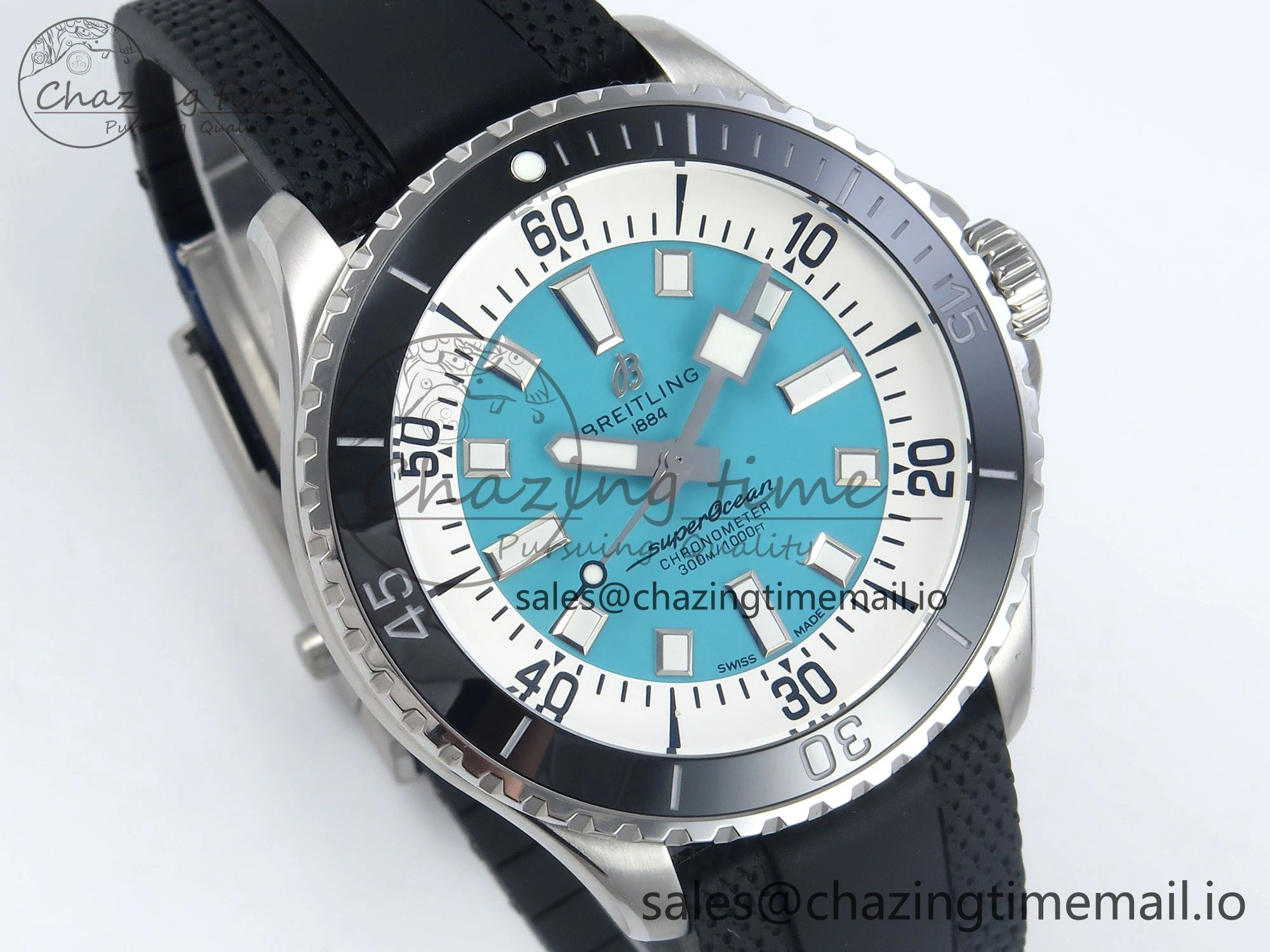 Superocean 44mm SS TF 1:1 Best Edition Light Blue Dial Black Bezel on Black Rubber Strap A2824