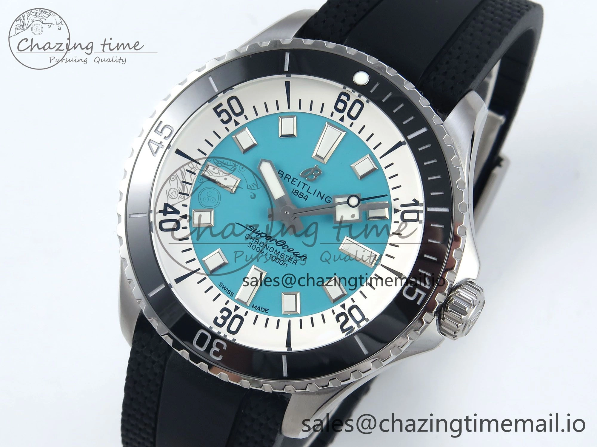 Superocean 44mm SS TF 1:1 Best Edition Light Blue Dial Black Bezel on Black Rubber Strap A2824