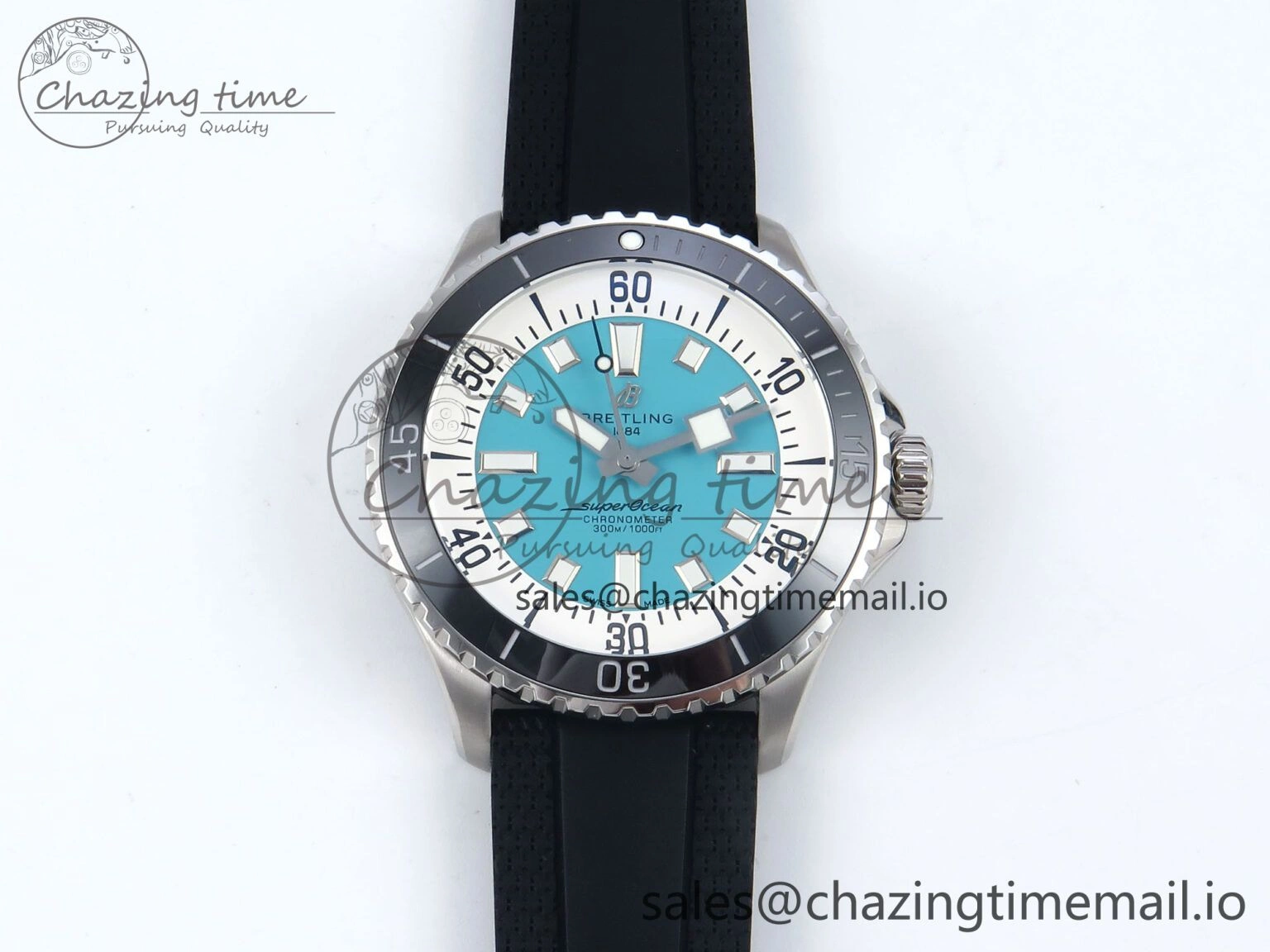 Superocean 44mm SS TF 1:1 Best Edition Light Blue Dial Black Bezel on Black Rubber Strap A2824