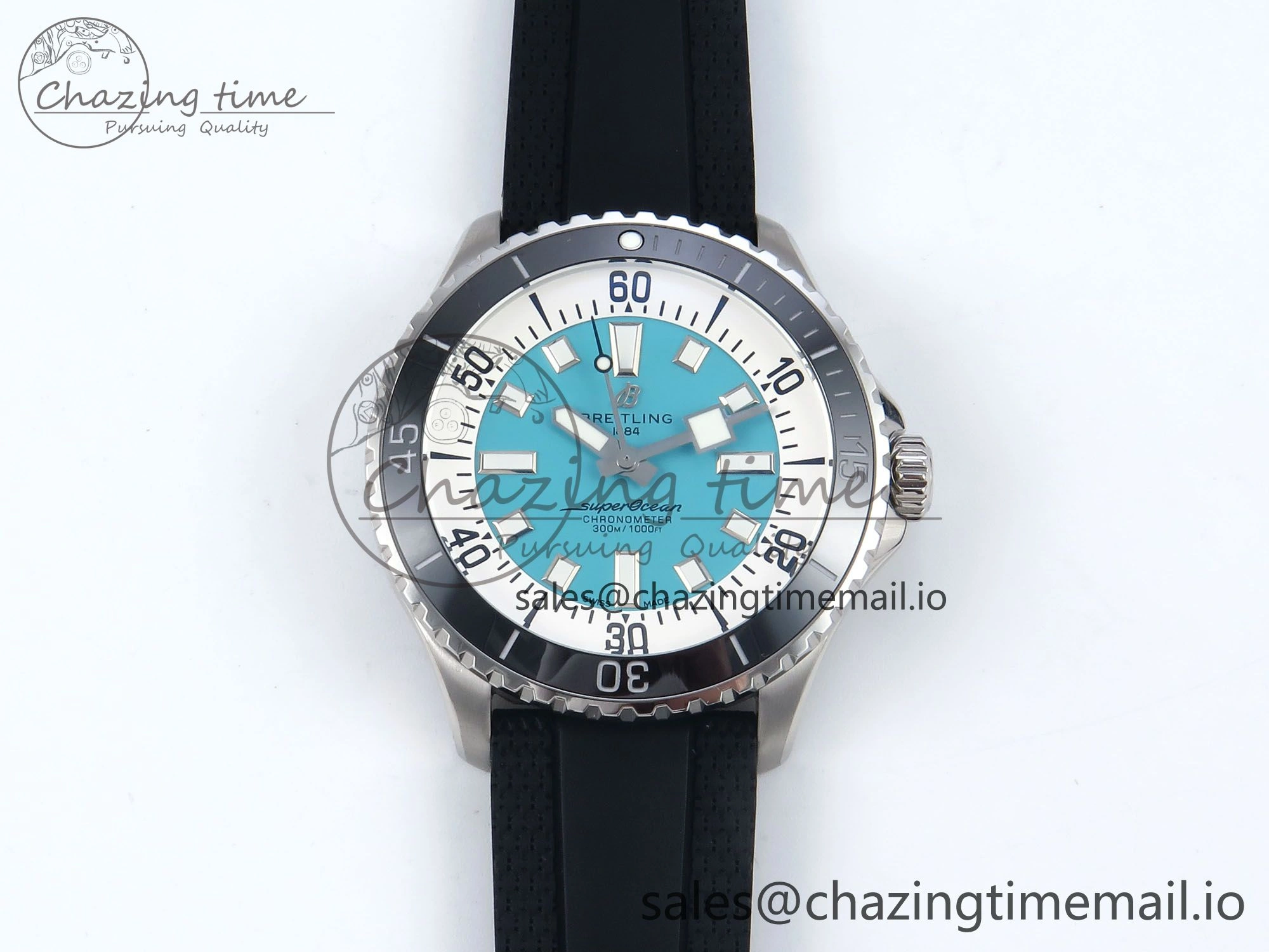 Superocean 44mm SS TF 1:1 Best Edition Light Blue Dial Black Bezel on Black Rubber Strap A2824