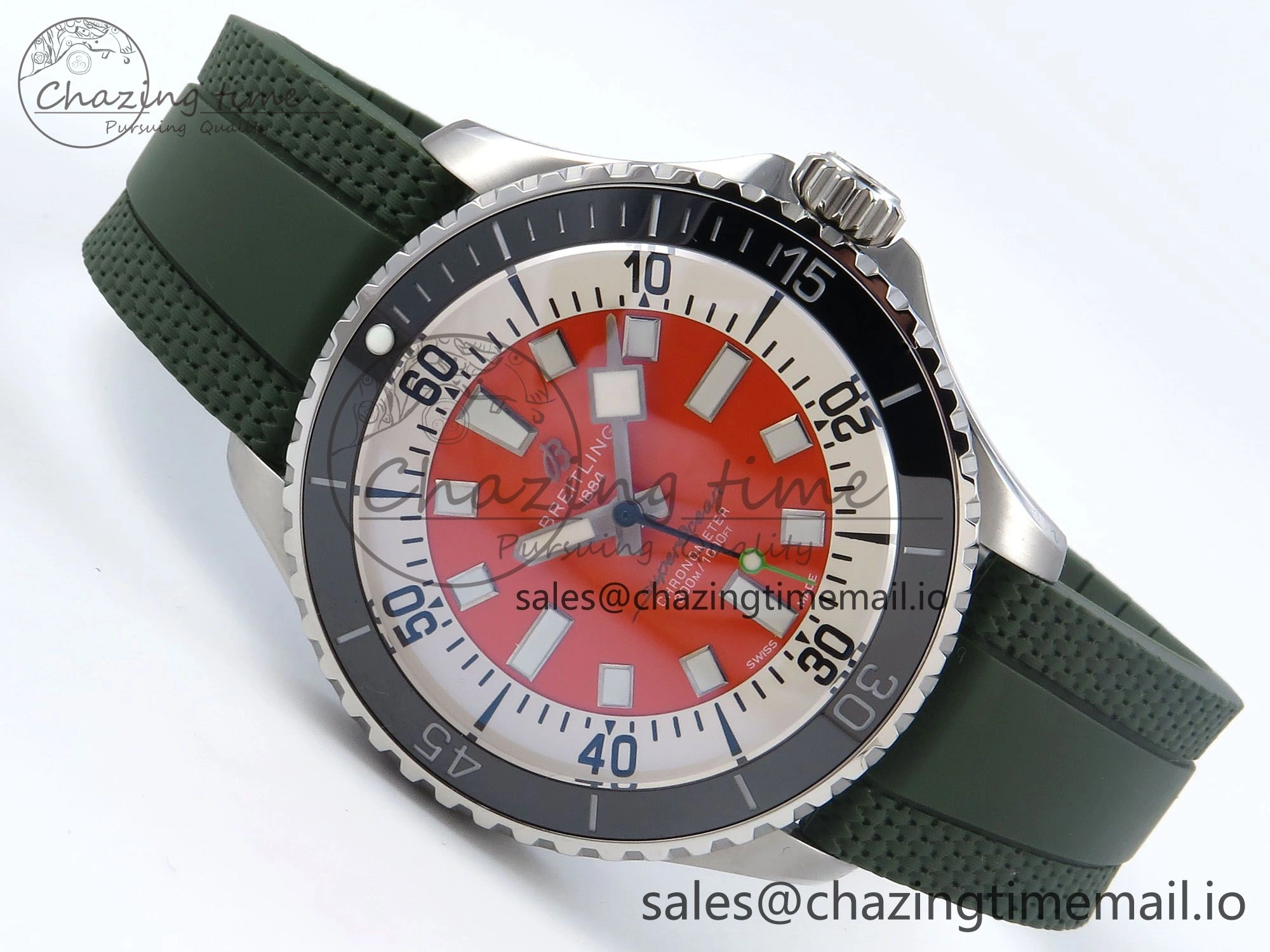 Superocean 44mm SS TF 1:1 Best Edition Orange Dial Black Bezel on Green Rubber Strap A2824